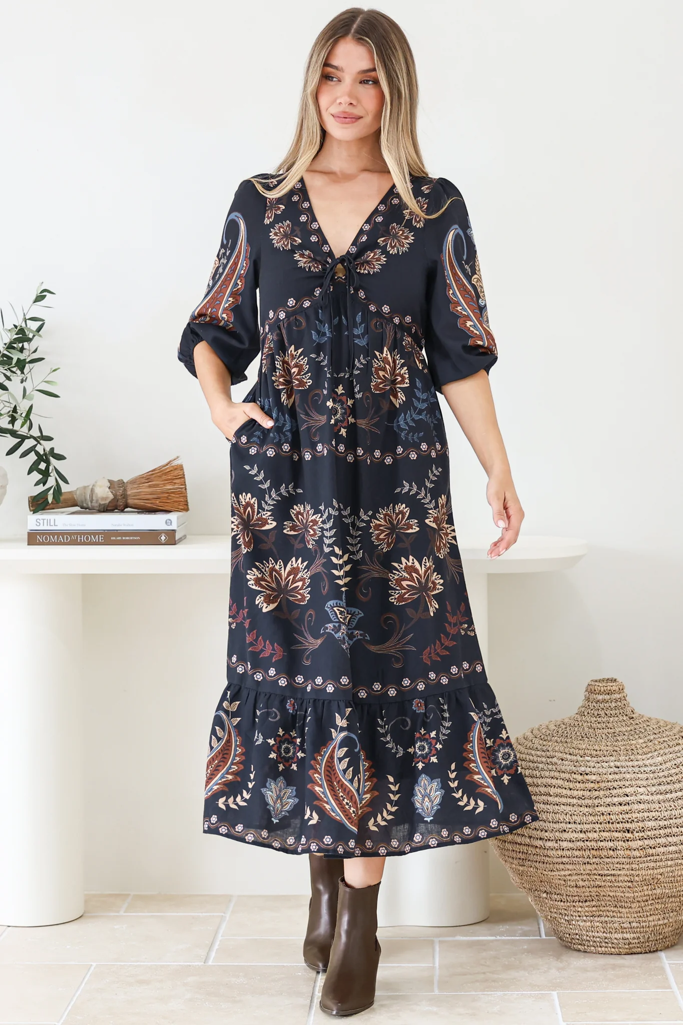 Thanya Midi Dress - V-Neck with Tie Balloon Sleeve Tiered Dress in Magah Print Navy - Image 5