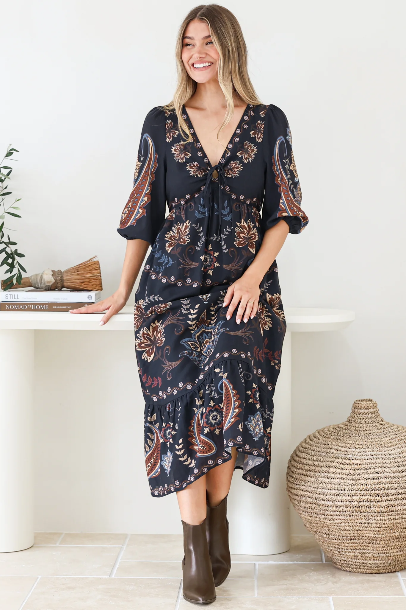 Thanya Midi Dress - V-Neck with Tie Balloon Sleeve Tiered Dress in Magah Print Navy - Image 6