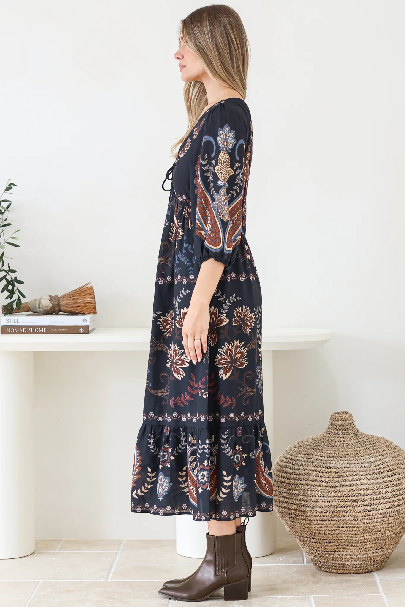 Thanya Midi Dress - V-Neck with Tie Balloon Sleeve Tiered Dress in Magah Print Navy - Image 8