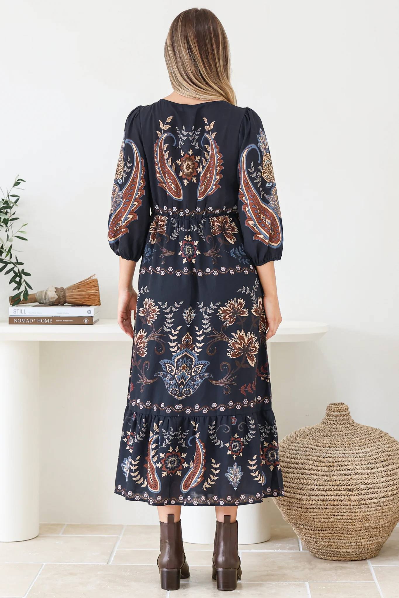 Thanya Midi Dress - V-Neck with Tie Balloon Sleeve Tiered Dress in Magah Print Navy - Image 9