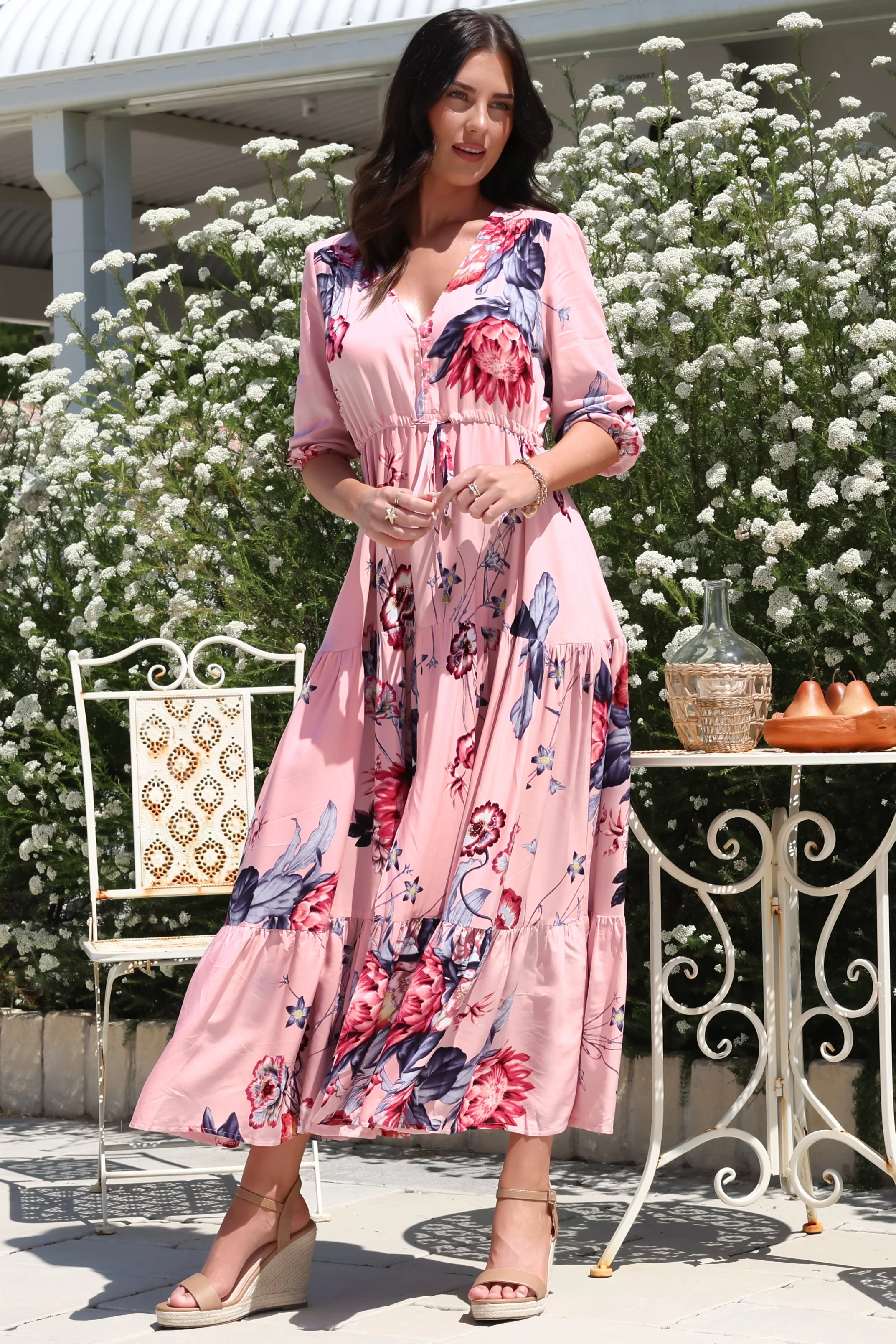 JAASE - Tessa Maxi Dress: A Line Pull Tie Waist Dress in Dahlia Print - Image 2