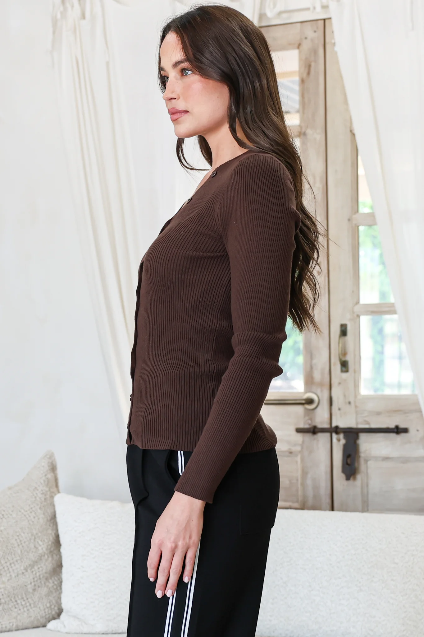 Tori Knit Top - Buttoned Down Long Sleeve Ribbed Knit in Chocolate - Image 7