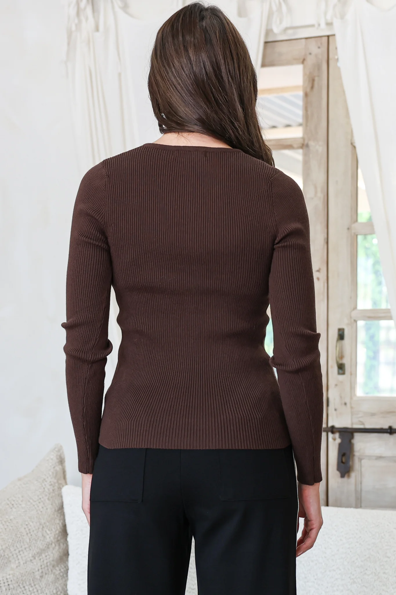 Tori Knit Top - Buttoned Down Long Sleeve Ribbed Knit in Chocolate - Image 8