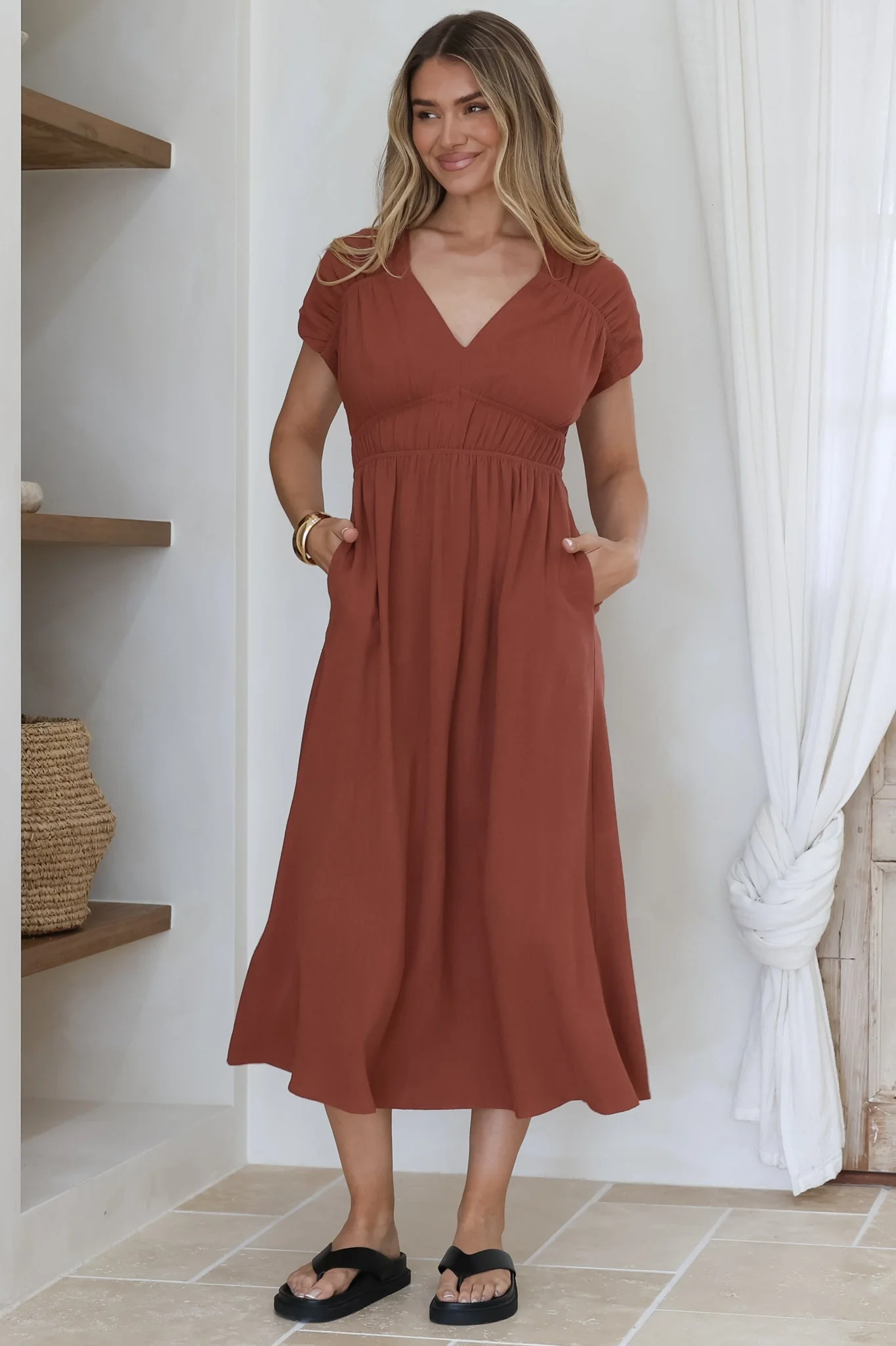 Torin Midi Dress - Gathered and Piping Detailed A-Line Dress with a V-Neckline in Rust - Image 10