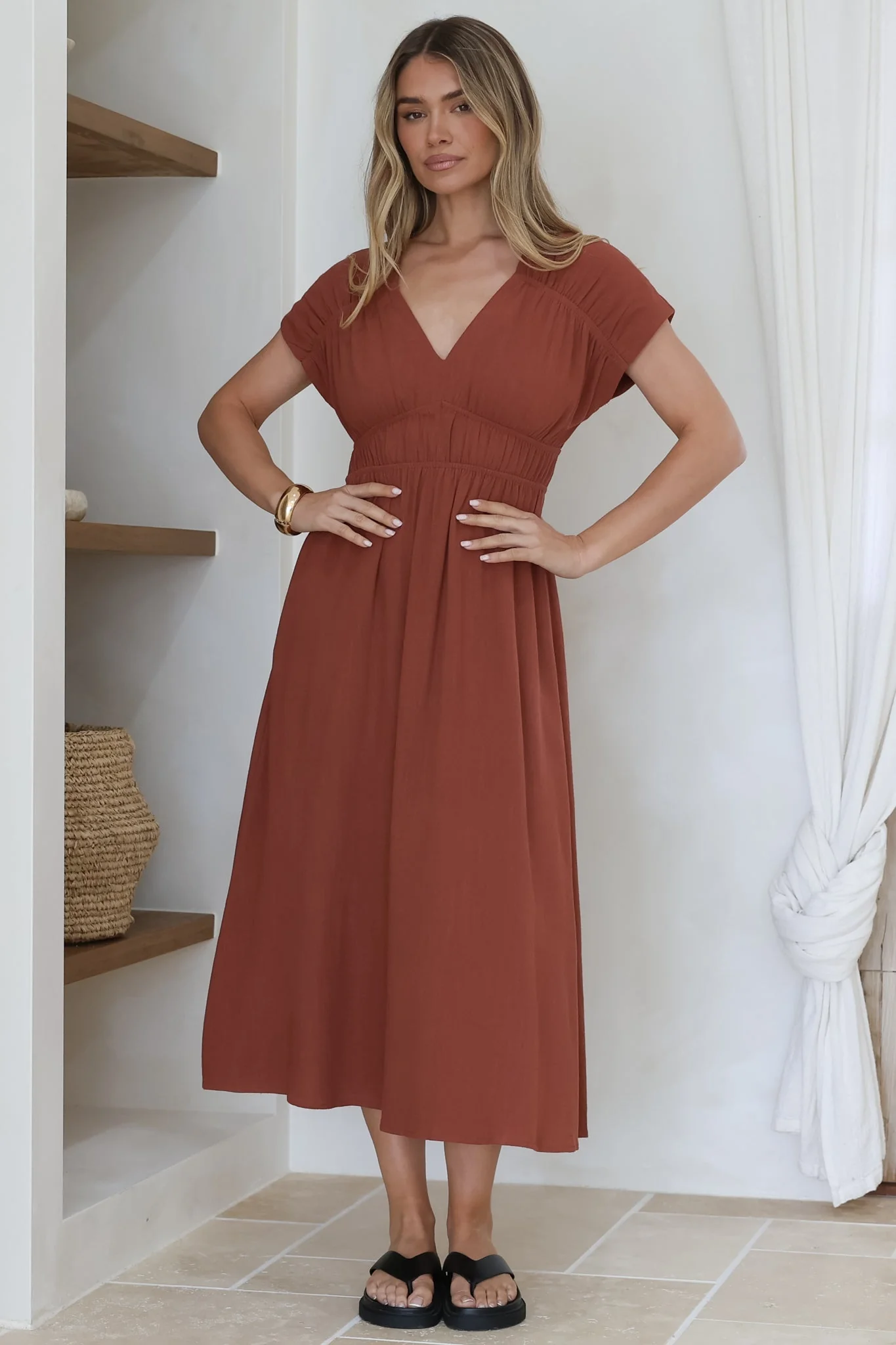 Torin Midi Dress - Gathered and Piping Detailed A-Line Dress with a V-Neckline in Rust - Image 5