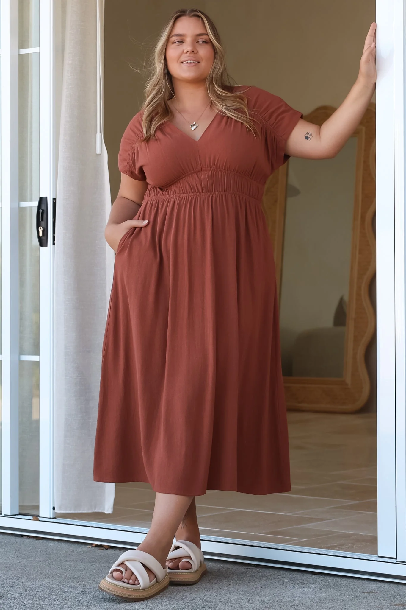 Torin Midi Dress - Gathered and Piping Detailed A-Line Dress with a V-Neckline in Rust - Image 8