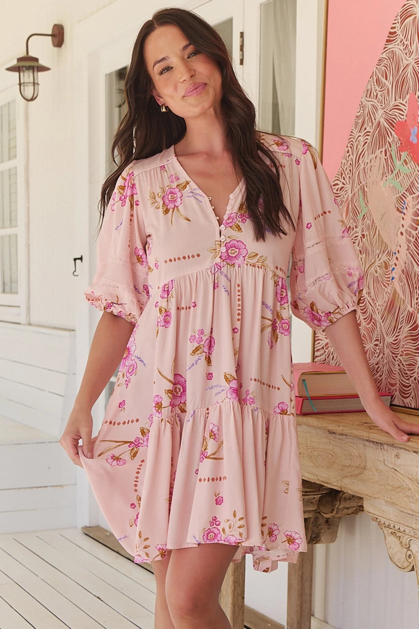 JAASE - Tracey Mini Dress: 3/4 Sleeve Dress with Waist Tie in Blushing Fields Print - Image 3
