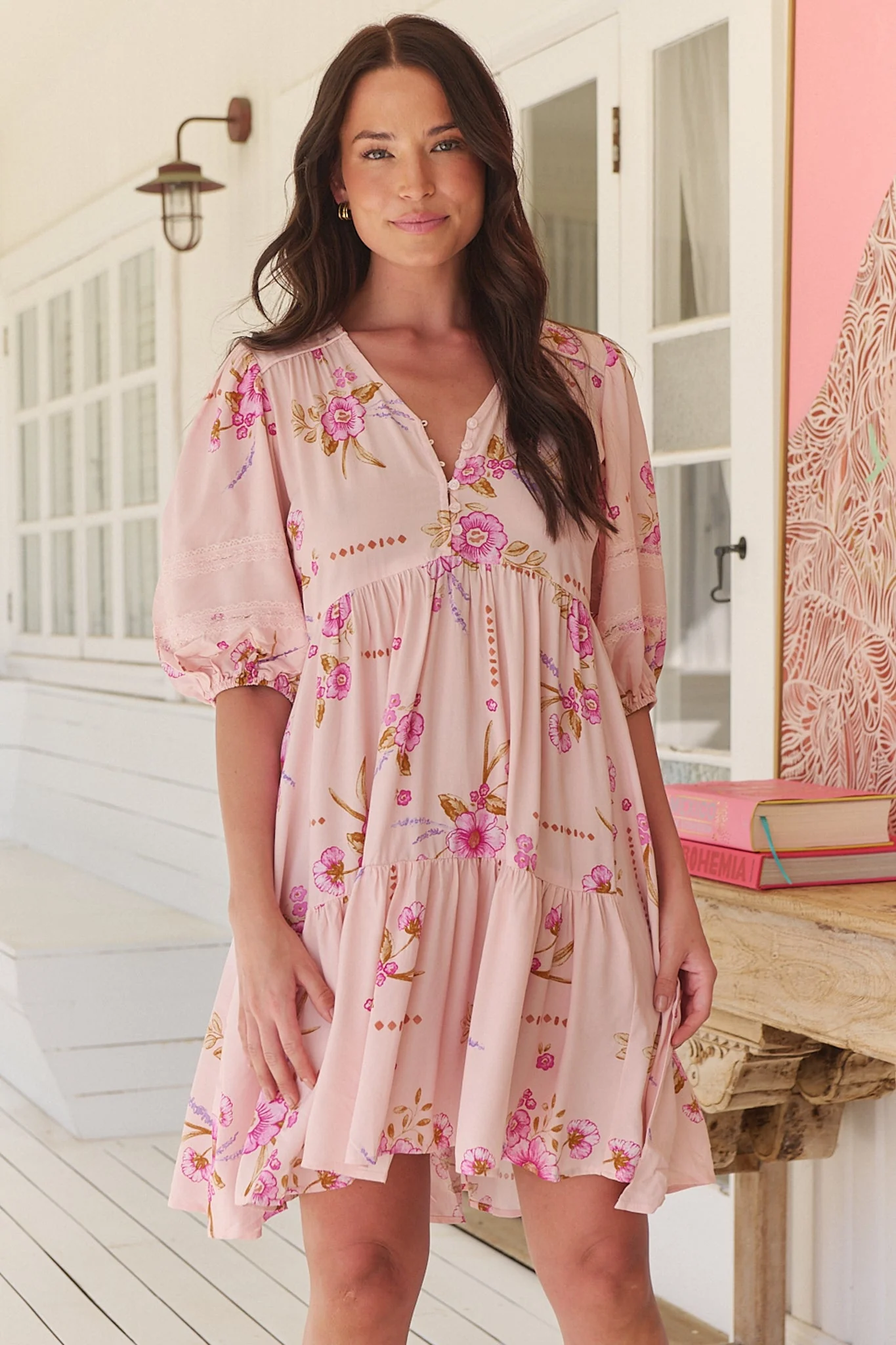 JAASE - Tracey Mini Dress: 3/4 Sleeve Dress with Waist Tie in Blushing Fields Print - Image 4