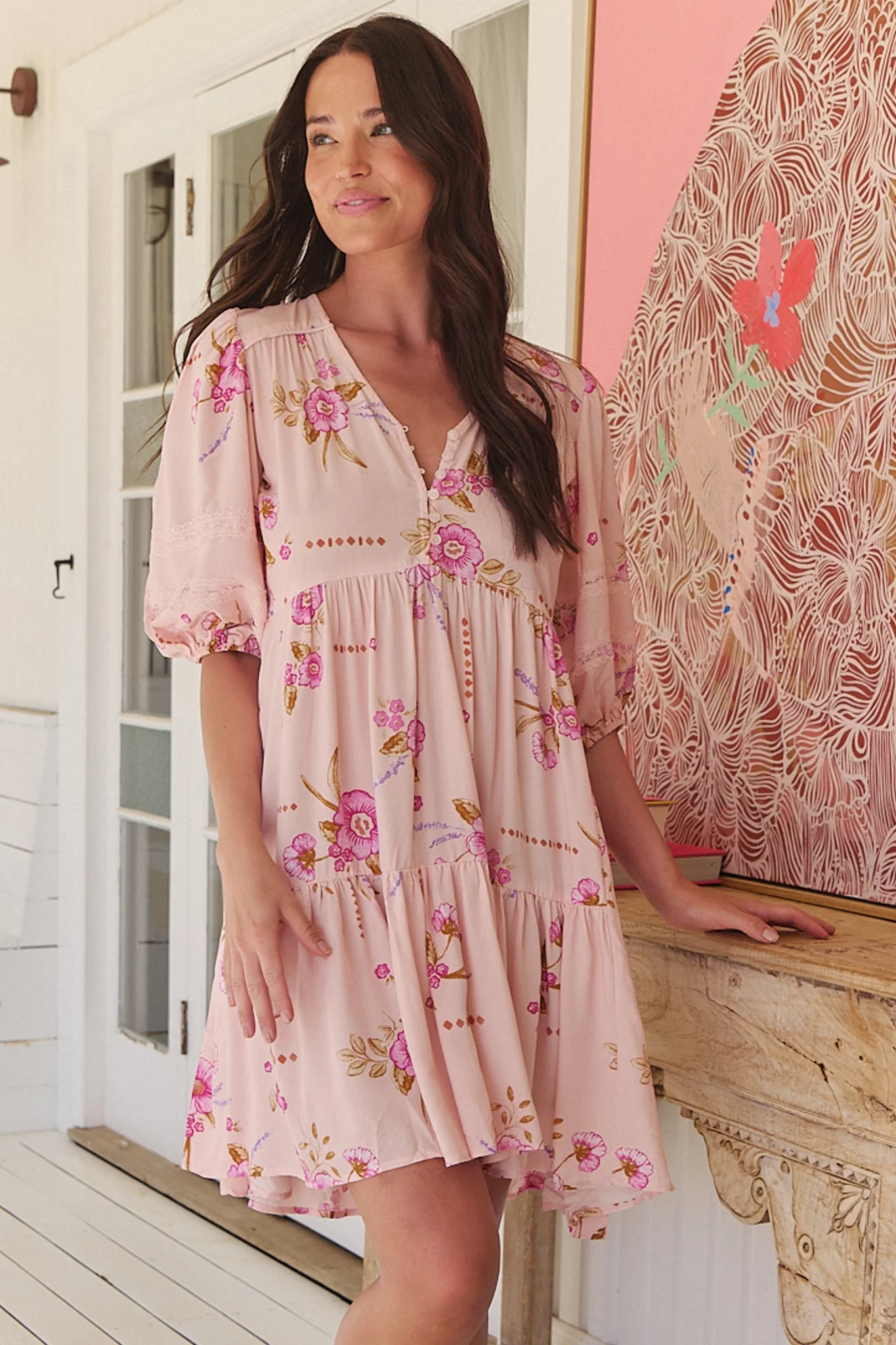 JAASE - Tracey Mini Dress: 3/4 Sleeve Dress with Waist Tie in Blushing Fields Print - Image 7