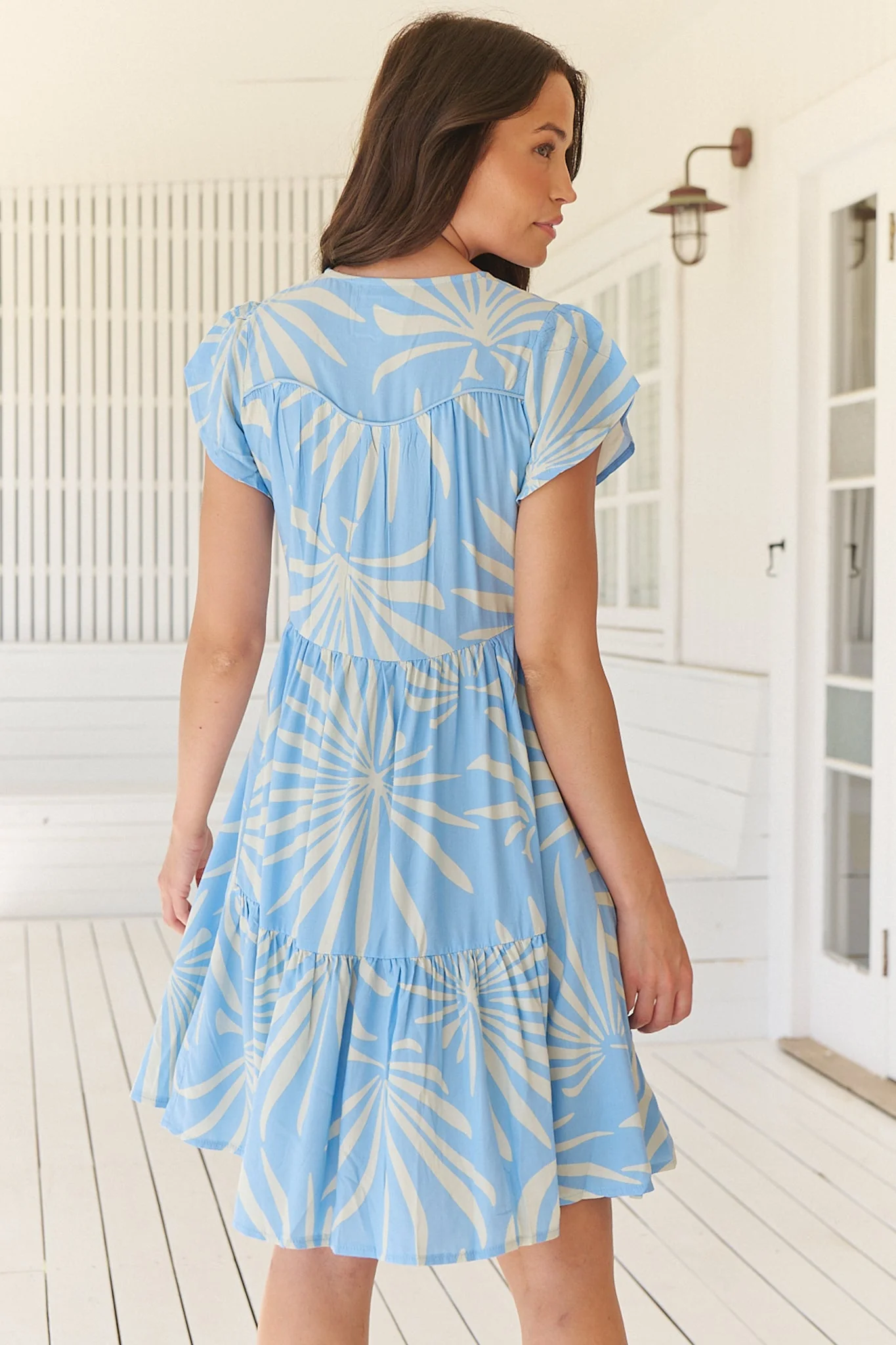 JAASE - Tracey Mini Dress: Cap Sleeve Dress with Waist Tie in Floating Palms Print - Image 7