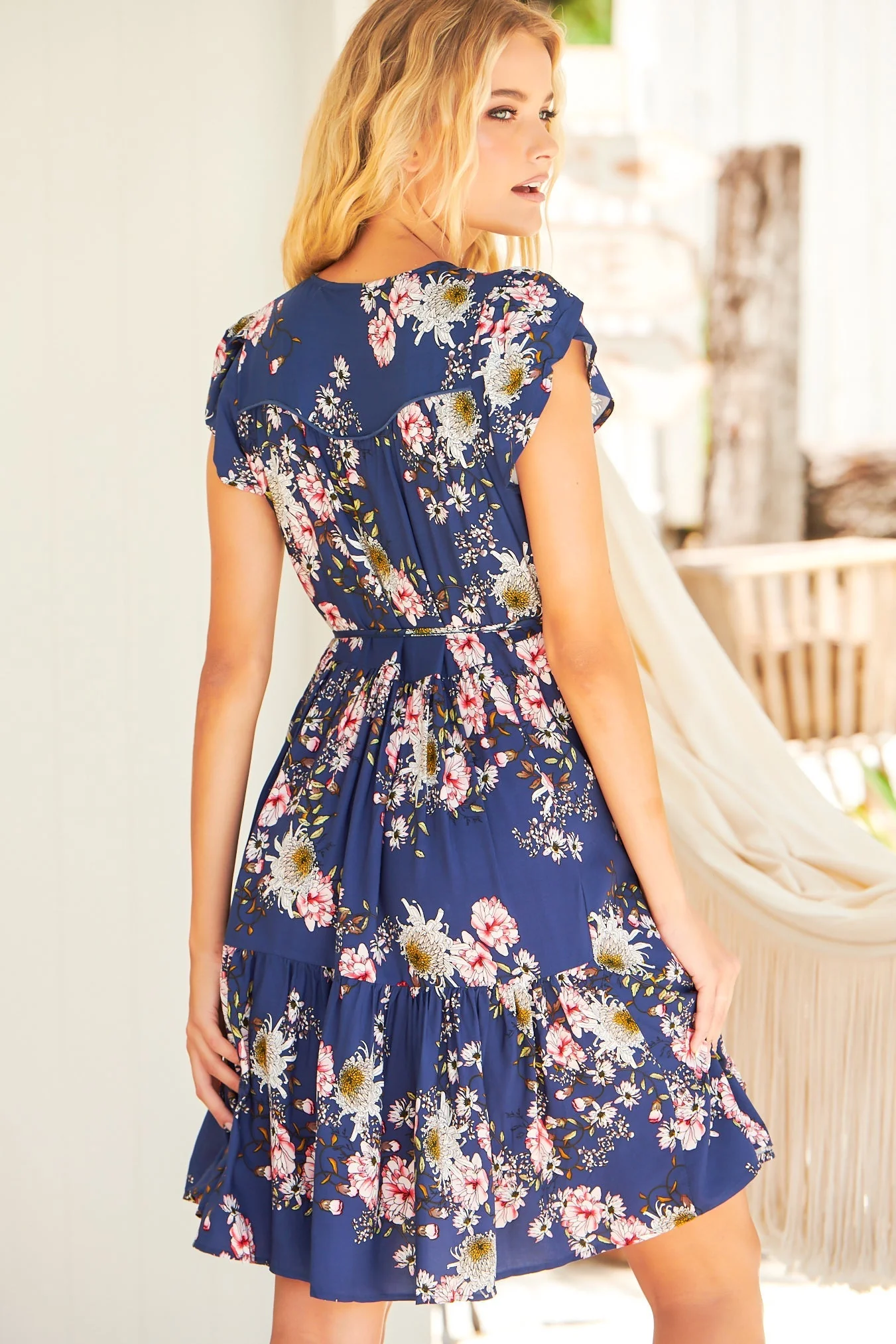 JAASE - Tracey Mini Dress: Cap Sleeve Dress with Waist Tie in Piana Print - Image 6