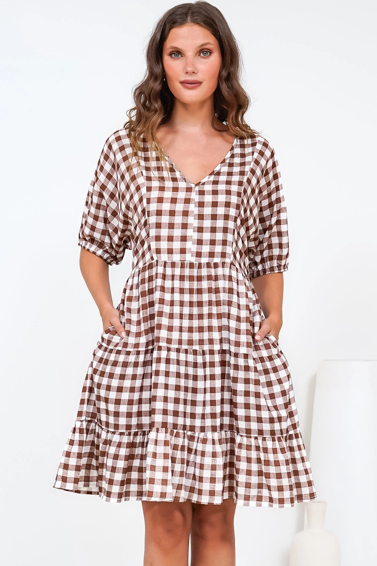Treyshelle Mini Dress - V-Neck Puff Sleeve Tiered Dress in Gingham Brown - Image 2