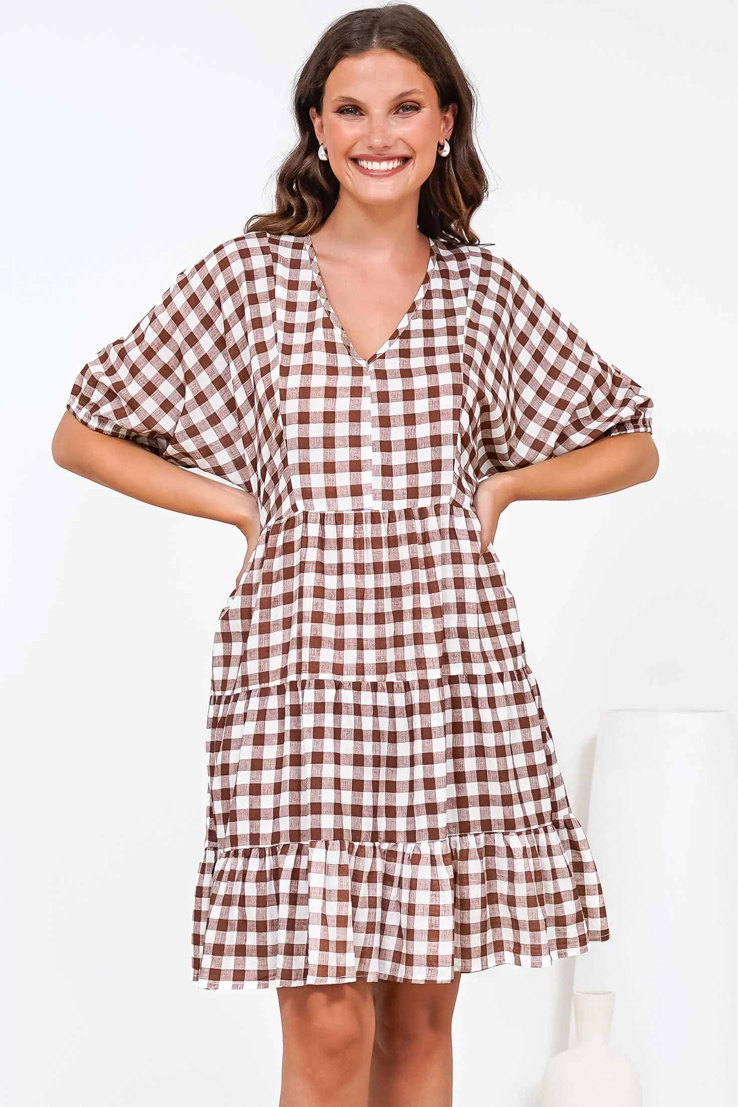Treyshelle Mini Dress - V-Neck Puff Sleeve Tiered Dress in Gingham Brown - Image 3