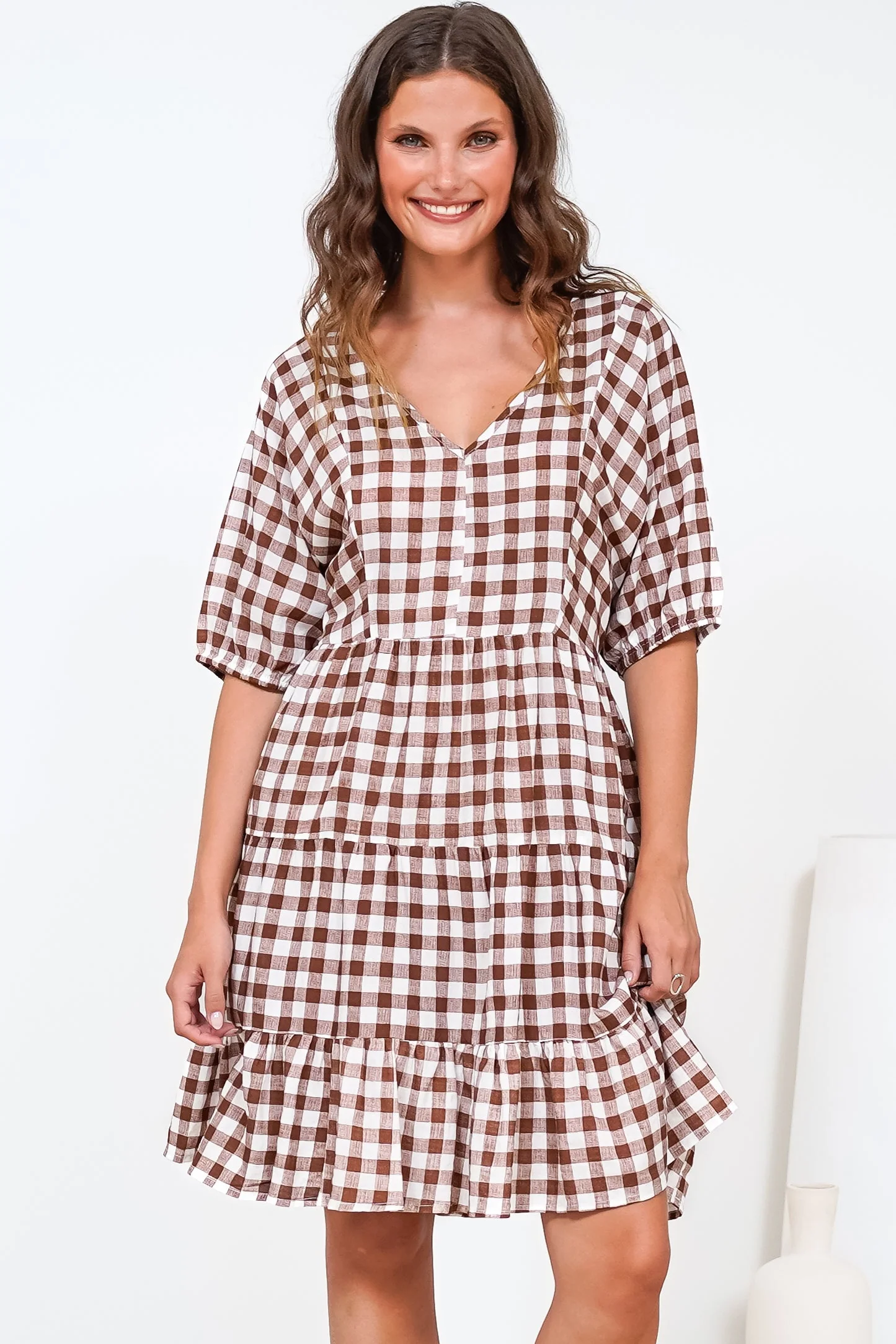 Treyshelle Mini Dress - V-Neck Puff Sleeve Tiered Dress in Gingham Brown - Image 4
