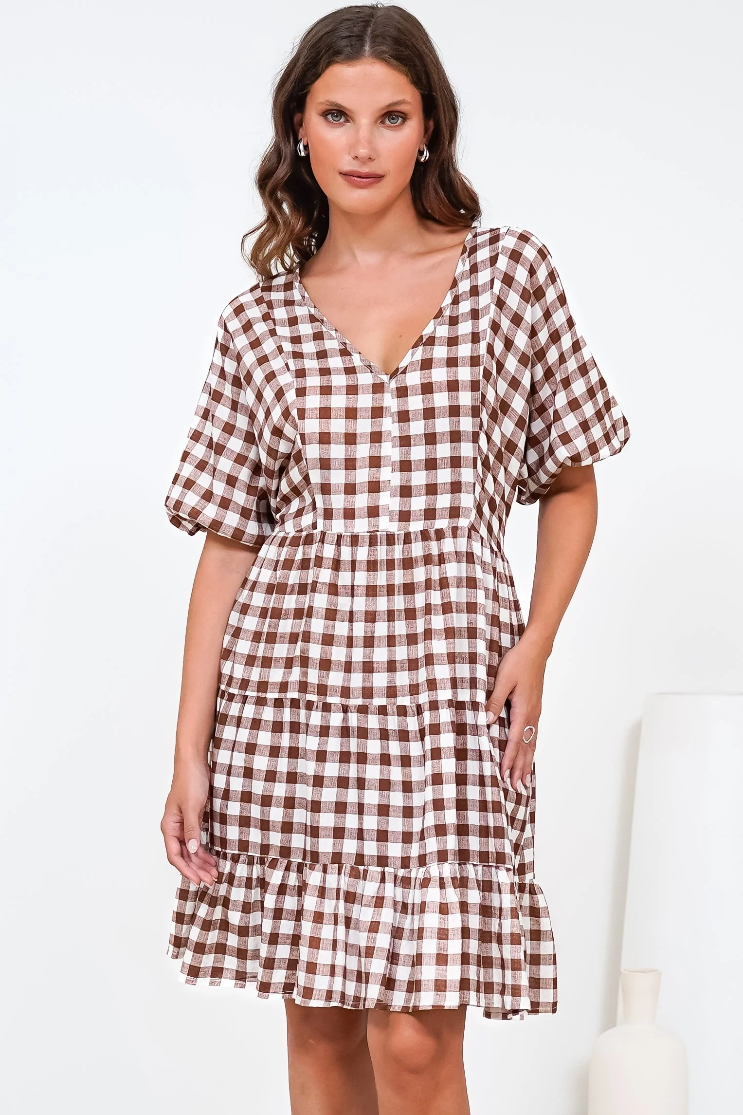 Treyshelle Mini Dress - V-Neck Puff Sleeve Tiered Dress in Gingham Brown - Image 5