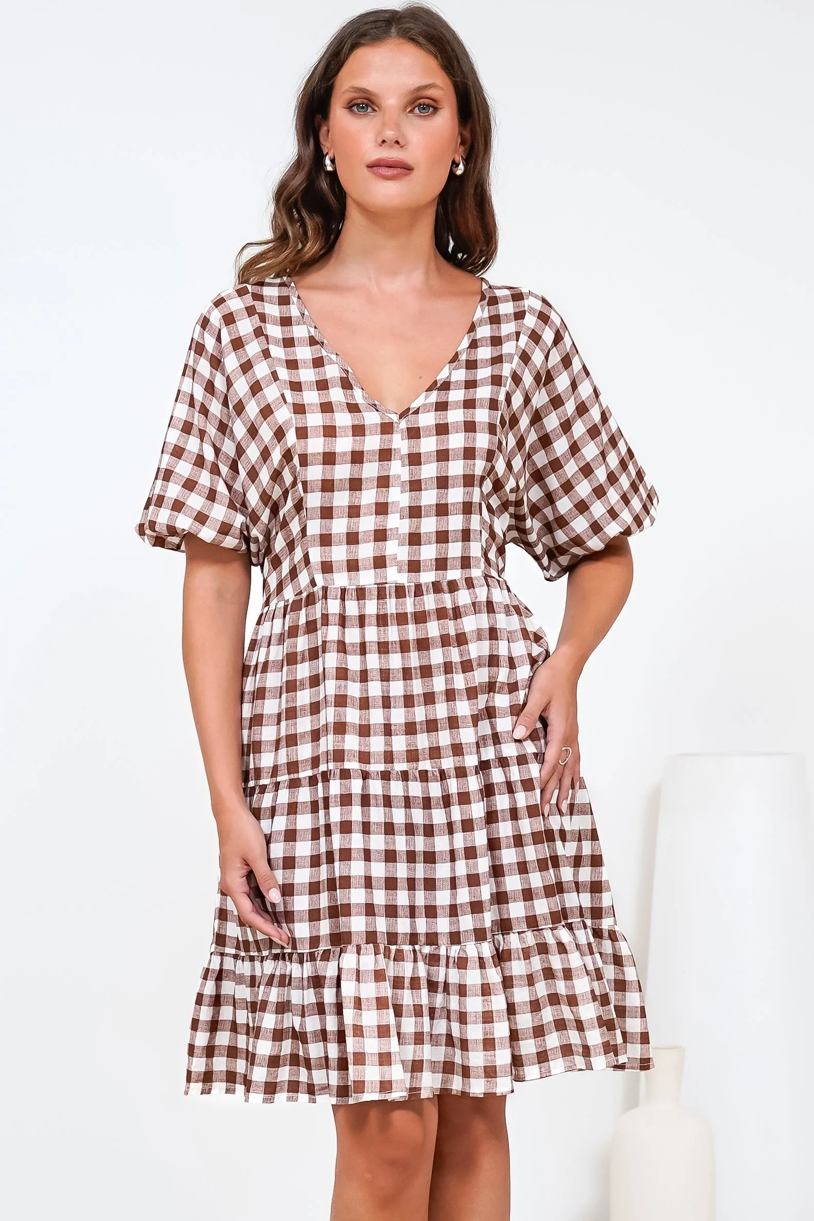 Treyshelle Mini Dress - V-Neck Puff Sleeve Tiered Dress in Gingham Brown - Image 6