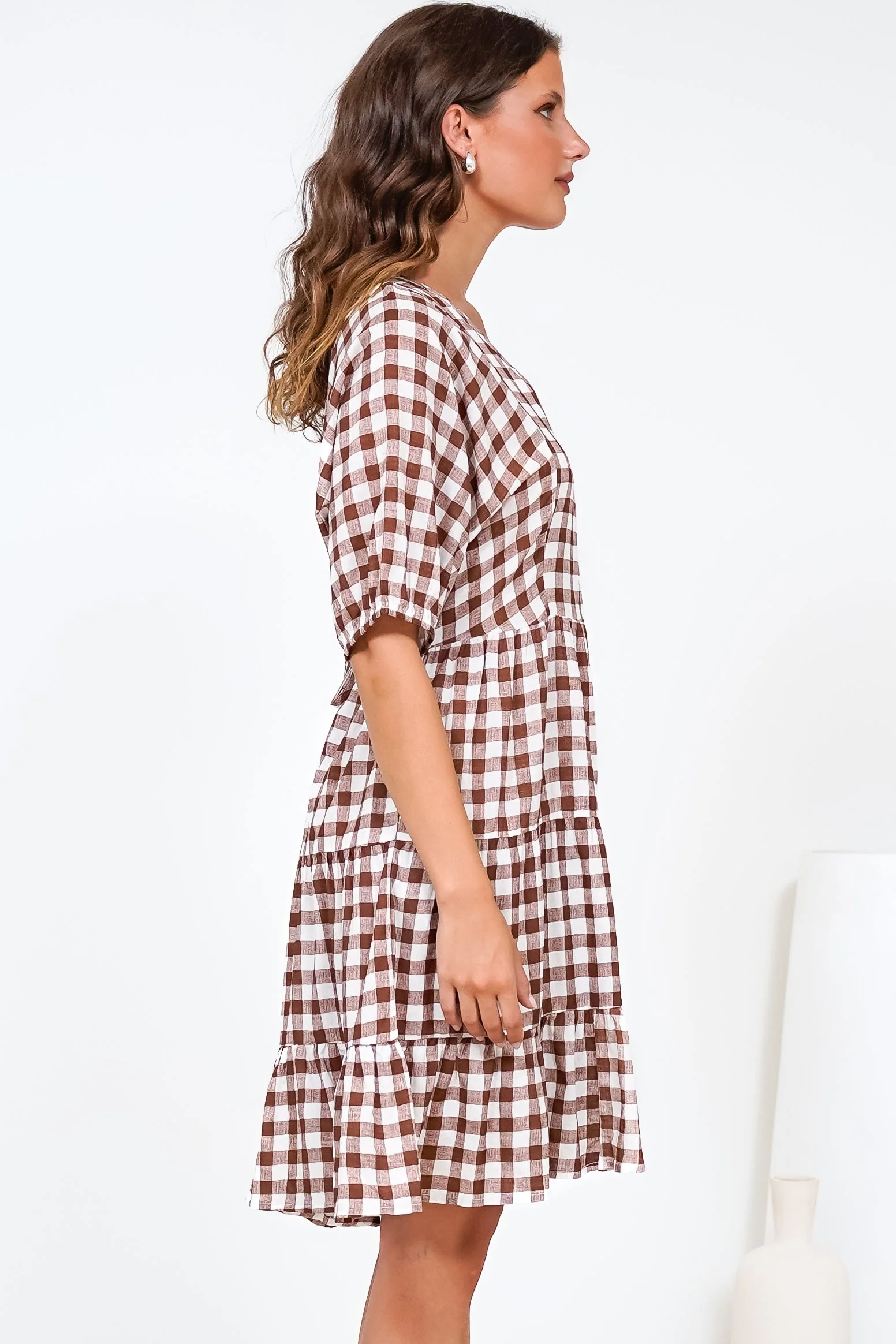 Treyshelle Mini Dress - V-Neck Puff Sleeve Tiered Dress in Gingham Brown - Image 7