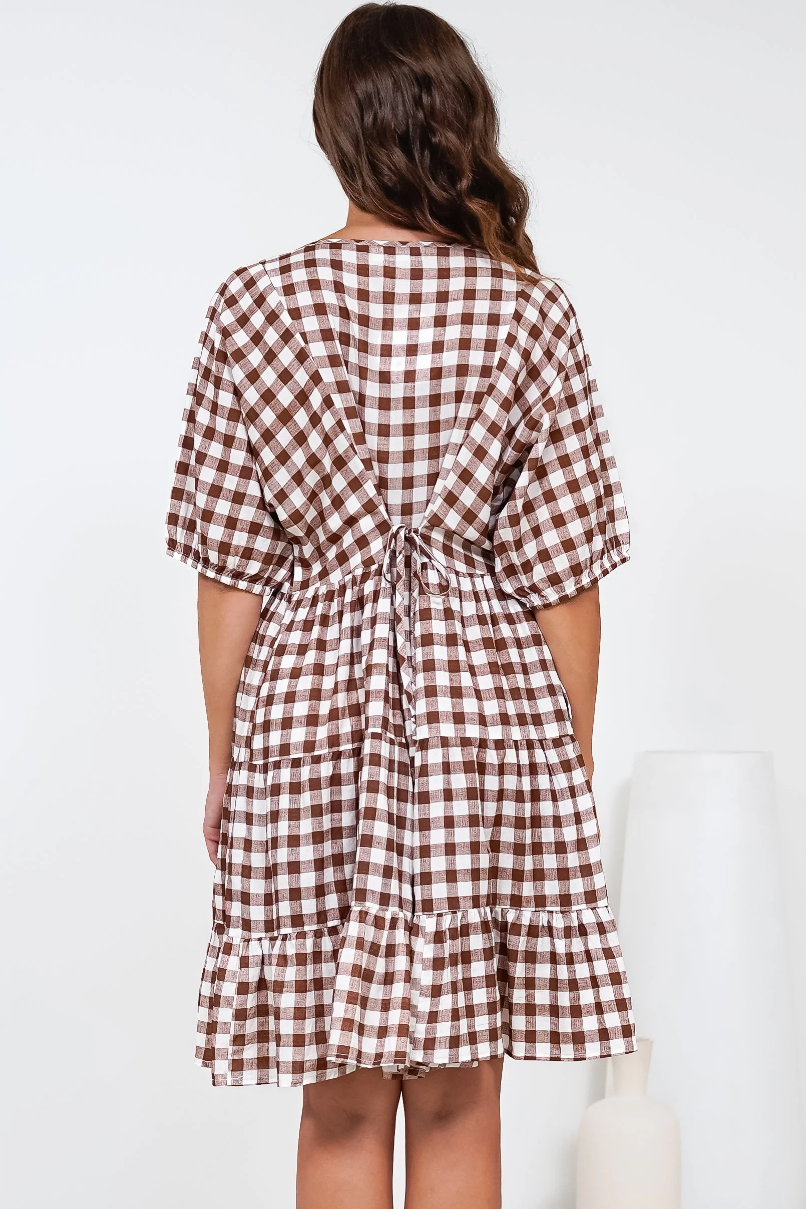 Treyshelle Mini Dress - V-Neck Puff Sleeve Tiered Dress in Gingham Brown - Image 8