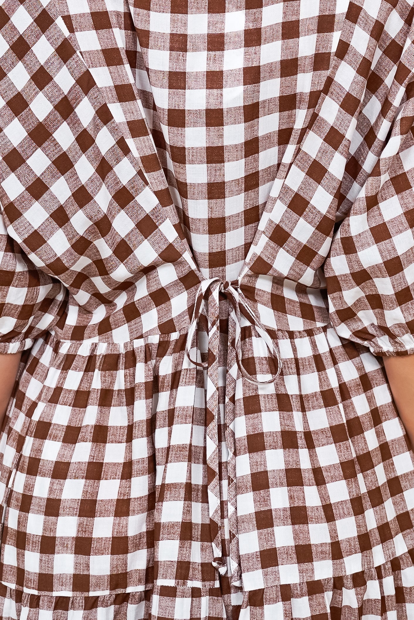 Treyshelle Mini Dress - V-Neck Puff Sleeve Tiered Dress in Gingham Brown - Image 9