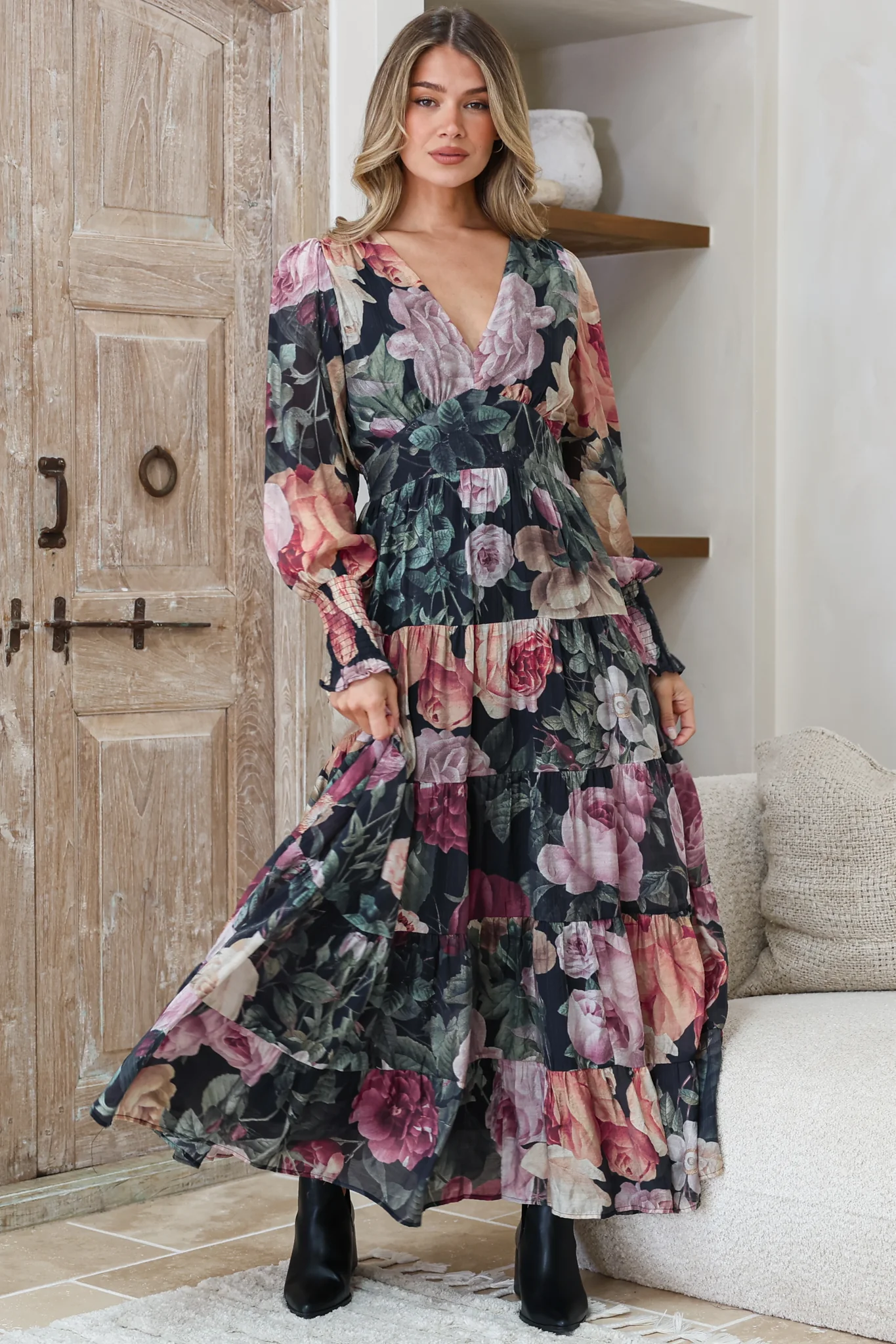 Trina Maxi Dress - Deep V Neck Tiered A-Line Dress with Balloon Sleeves in Annalisa Print - Image 2