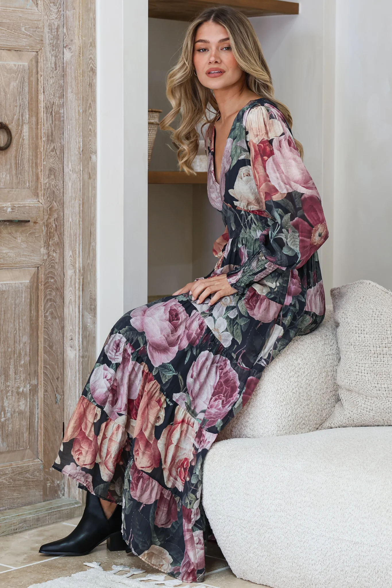 Trina Maxi Dress - Deep V Neck Tiered A-Line Dress with Balloon Sleeves in Annalisa Print - Image 3