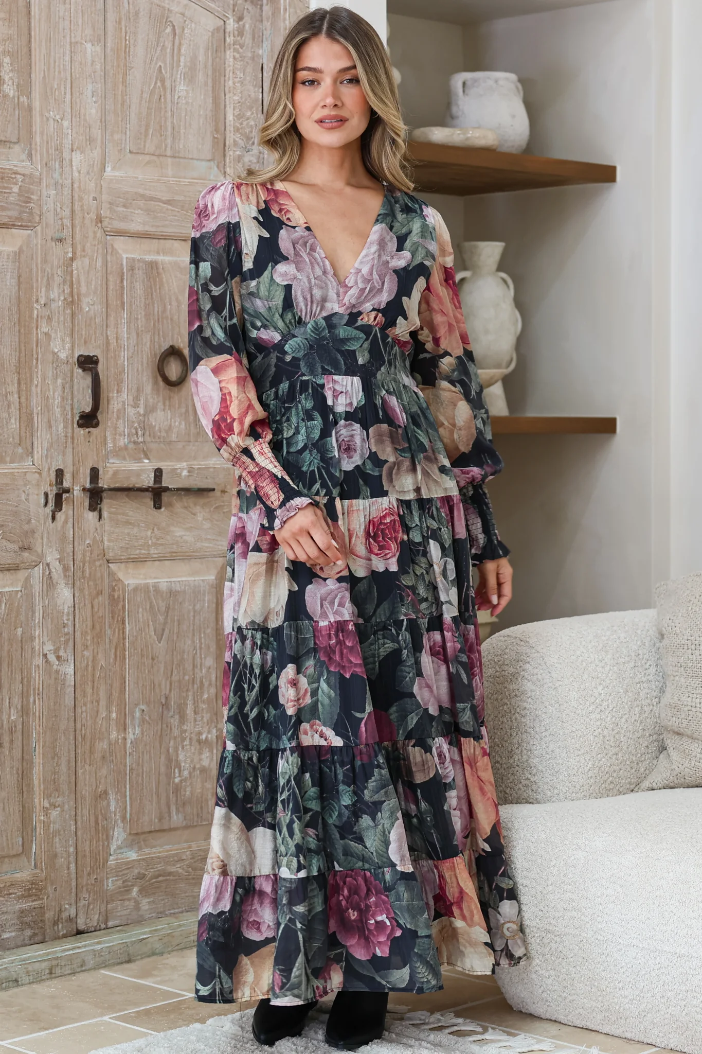 Trina Maxi Dress - Deep V Neck Tiered A-Line Dress with Balloon Sleeves in Annalisa Print - Image 5