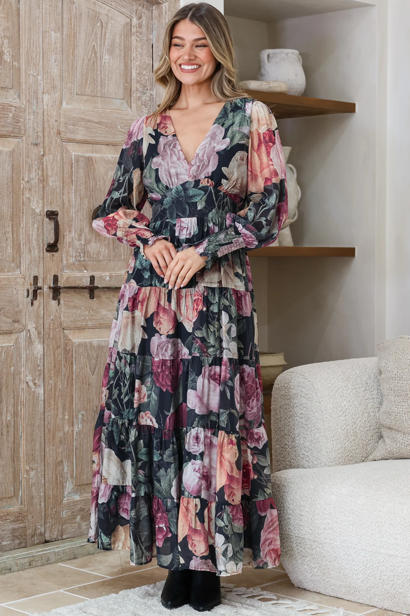 Trina Maxi Dress - Deep V Neck Tiered A-Line Dress with Balloon Sleeves in Annalisa Print - Image 7