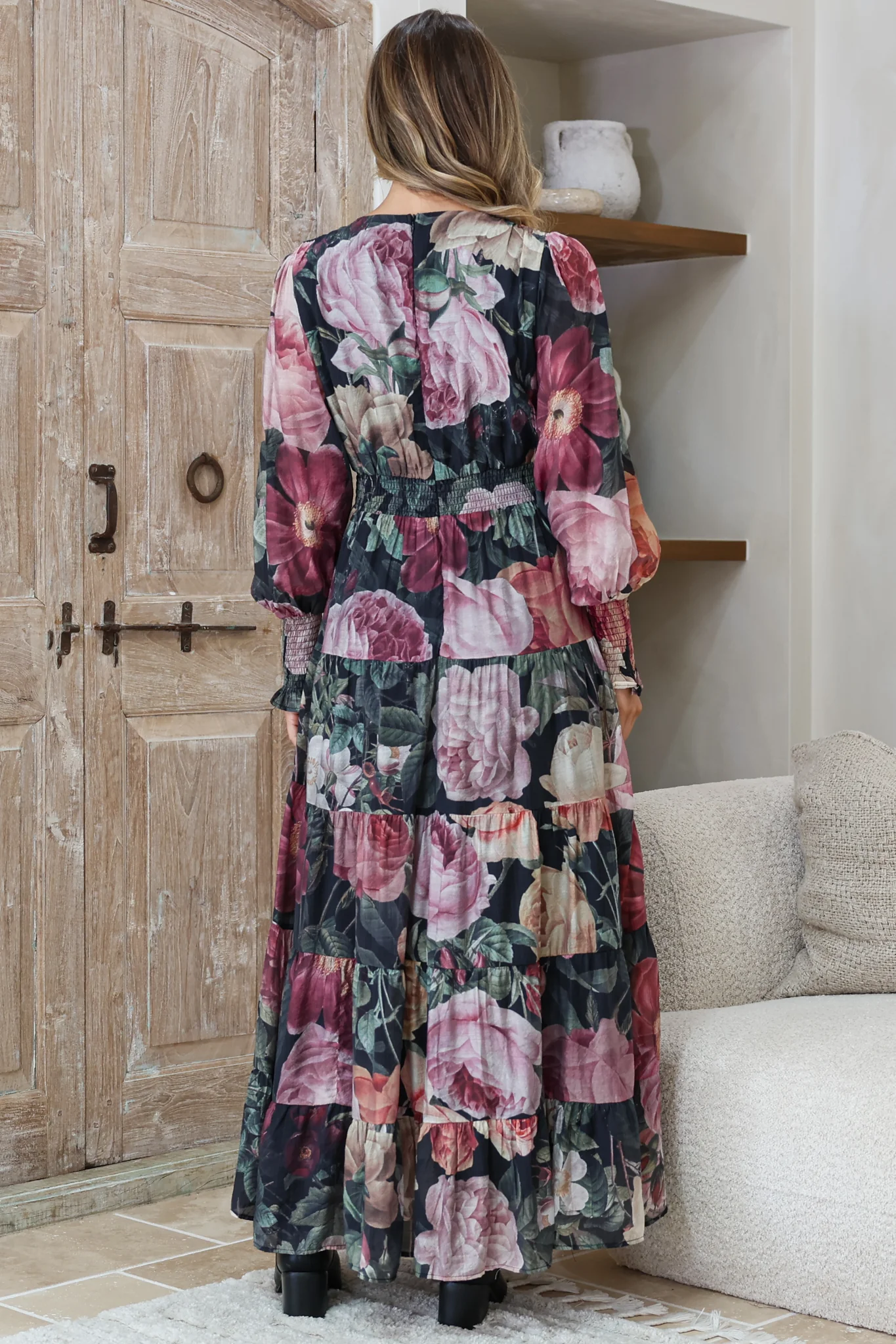 Trina Maxi Dress - Deep V Neck Tiered A-Line Dress with Balloon Sleeves in Annalisa Print - Image 9