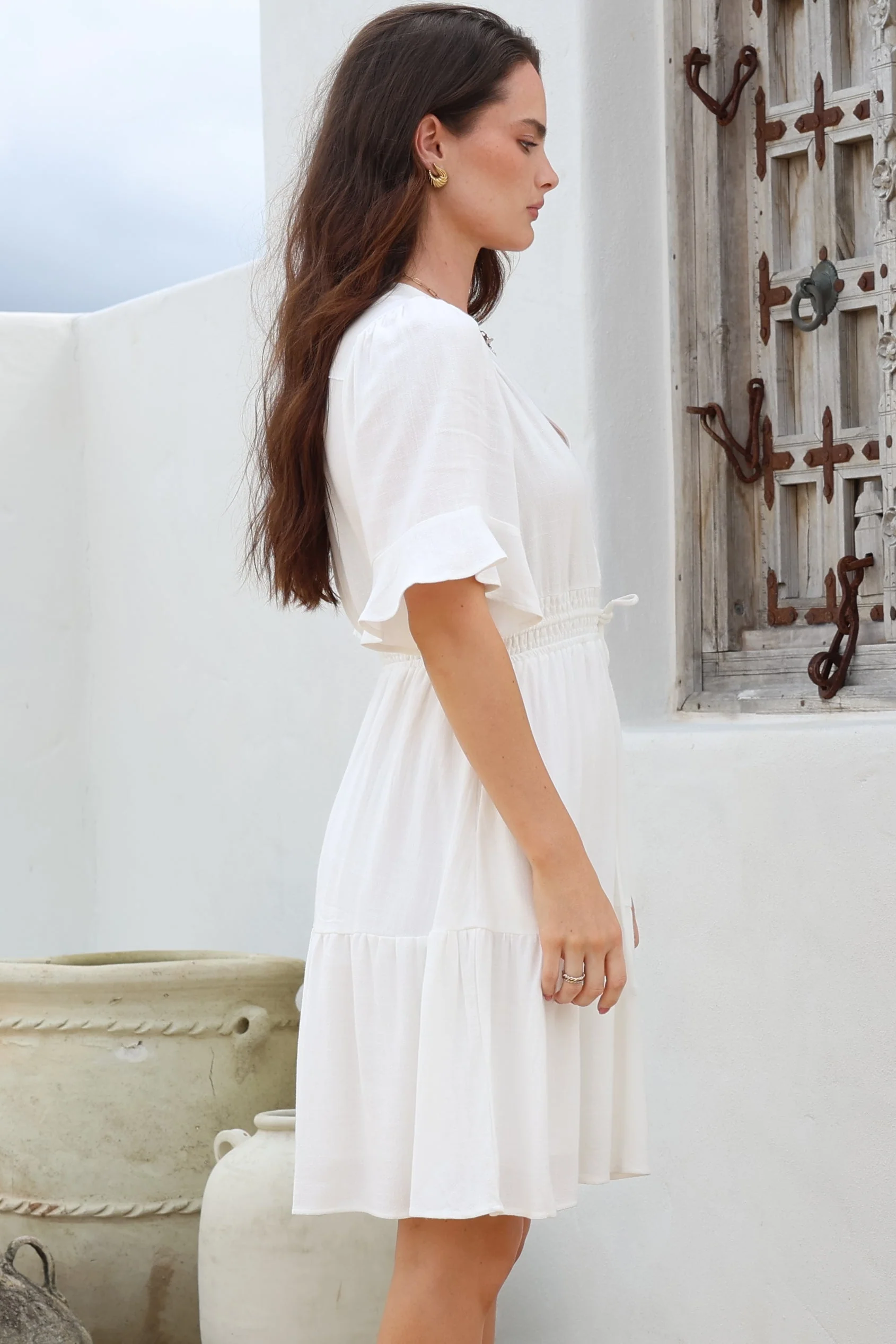 Truese Mini Dress - A-Line Dress with Short Ruffle Sleeves in White - Image 8