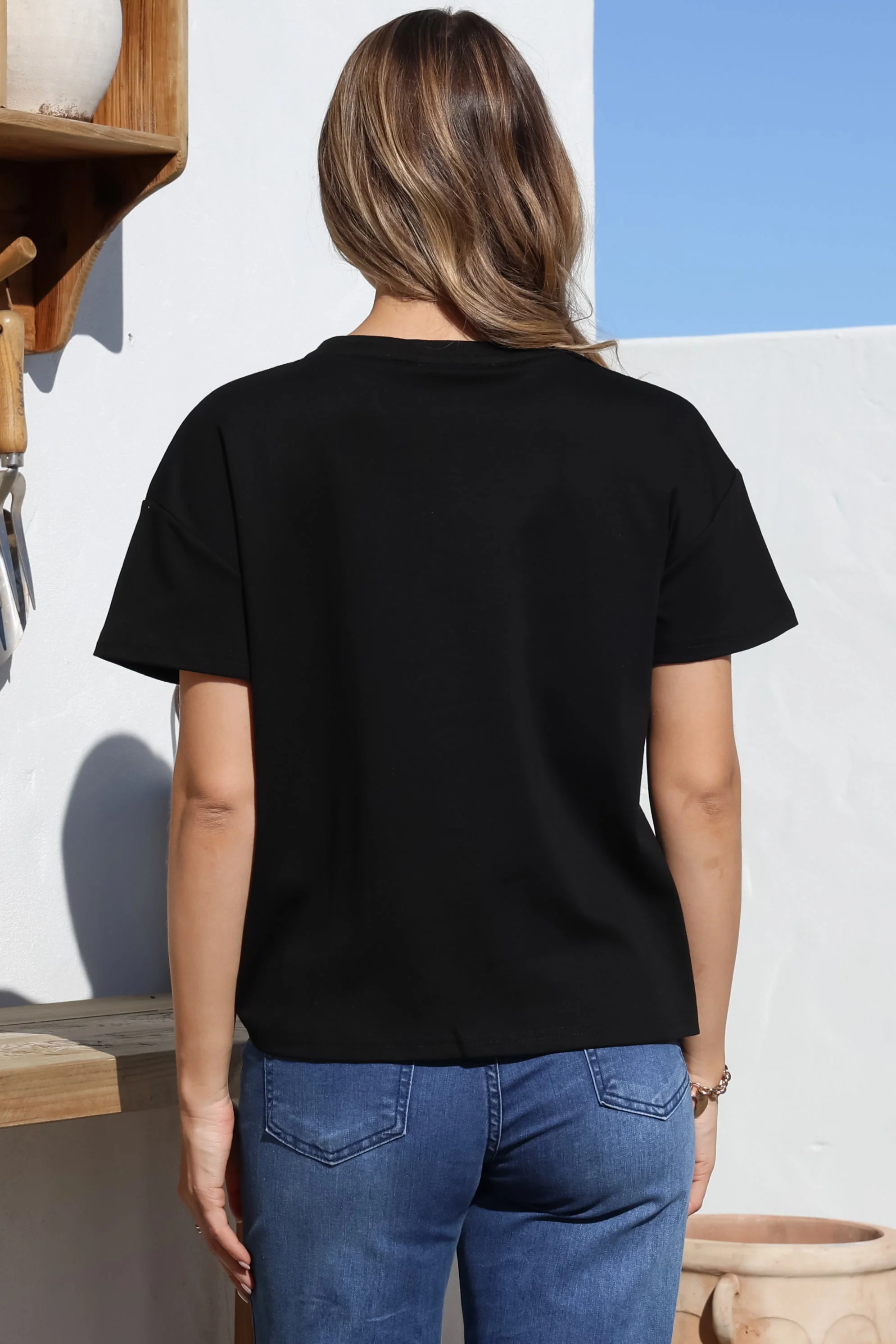 Tuck T-Shirt - Round Neckline Cotton Tee with Gathered Front Detail in Black - Image 13