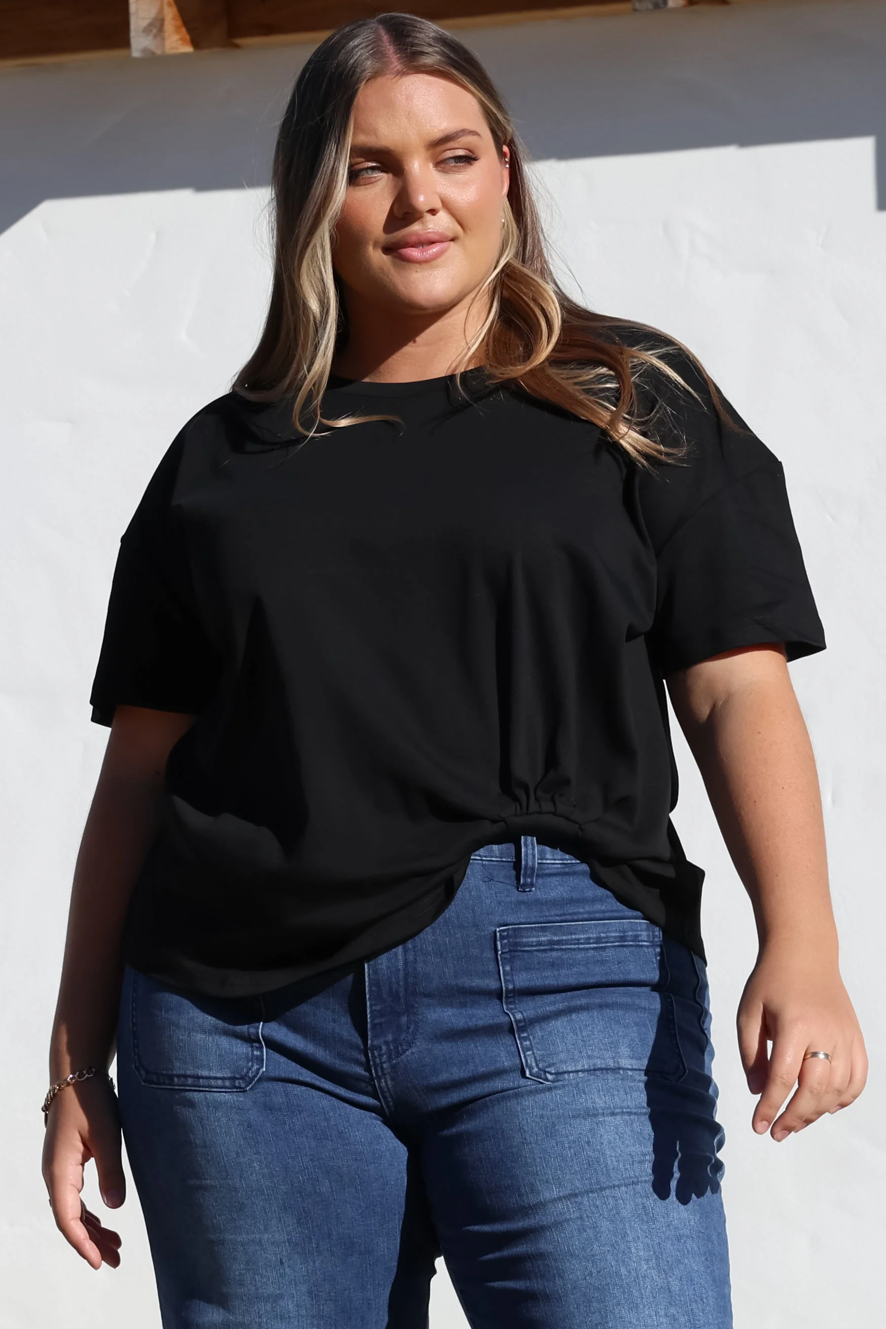 Tuck T-Shirt - Round Neckline Cotton Tee with Gathered Front Detail in Black - Image 4