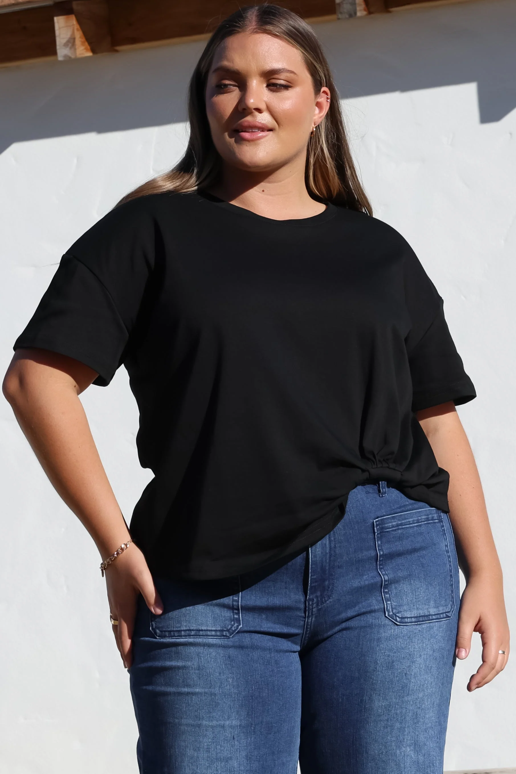 Tuck T-Shirt - Round Neckline Cotton Tee with Gathered Front Detail in Black - Image 6
