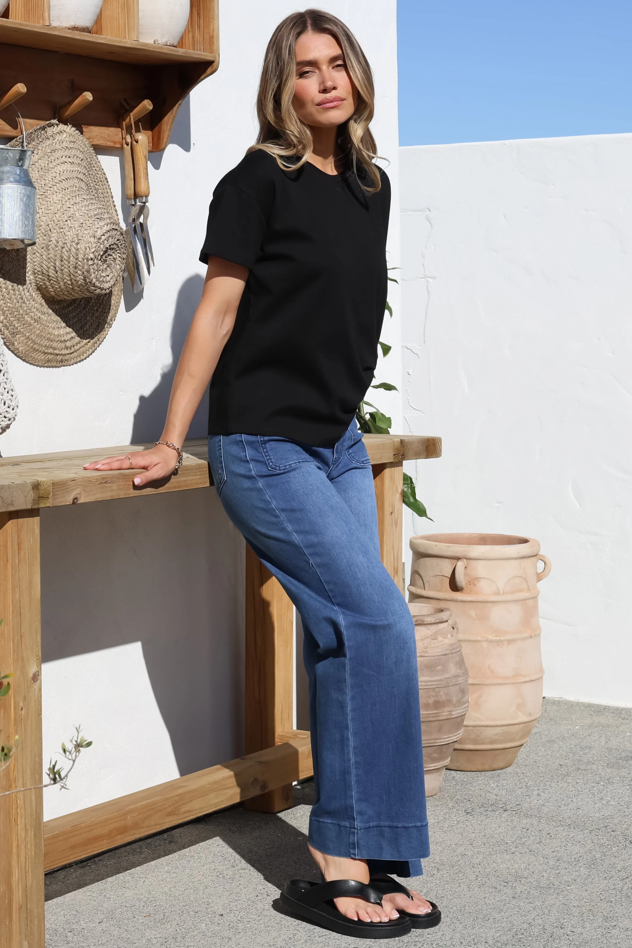 Tuck T-Shirt - Round Neckline Cotton Tee with Gathered Front Detail in Black - Image 8