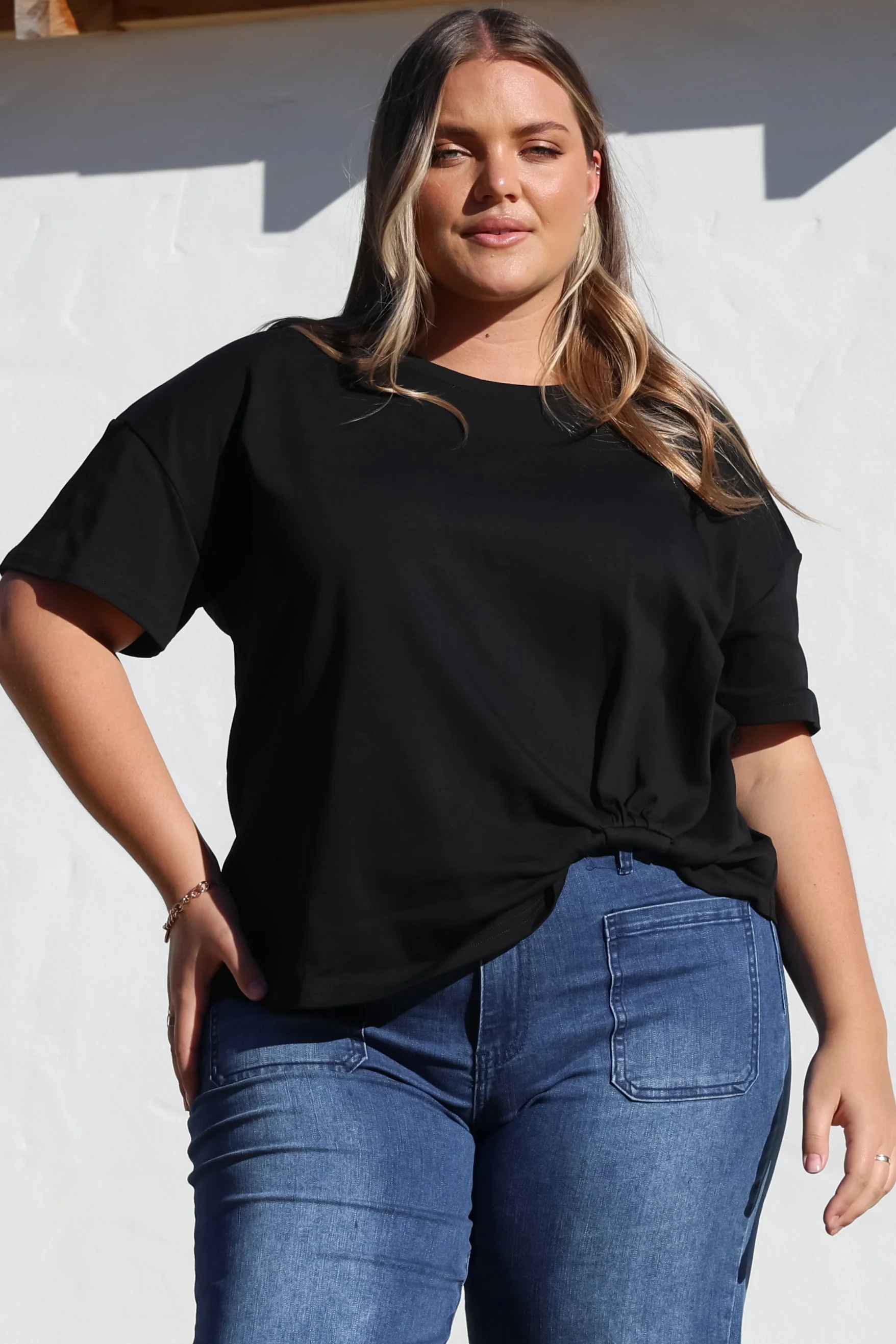 Tuck T-Shirt - Round Neckline Cotton Tee with Gathered Front Detail in Black - Image 9
