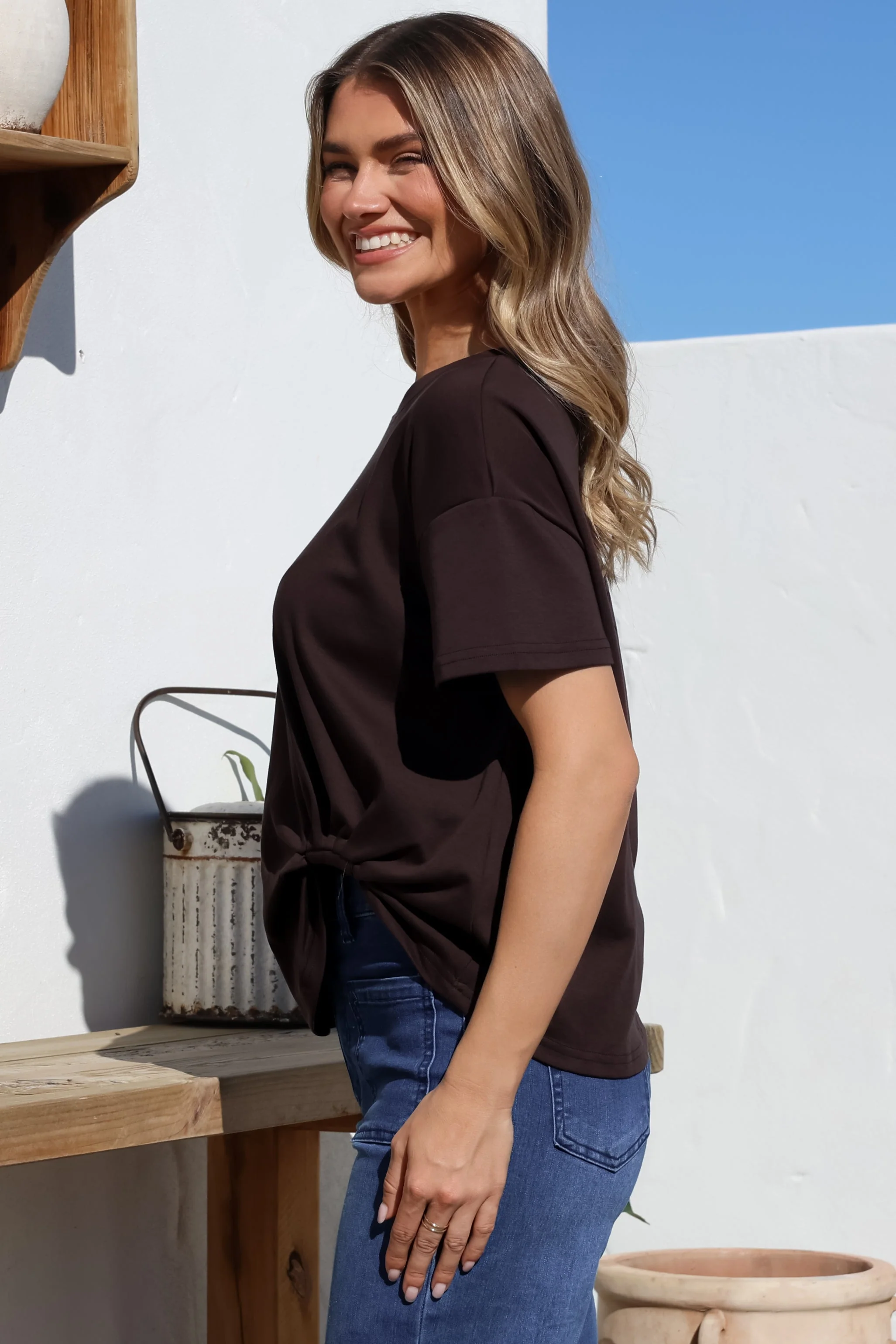 Tuck T-Shirt - Round Neckline Cotton Tee with Gathered Front Detail in Chocolate - Image 10