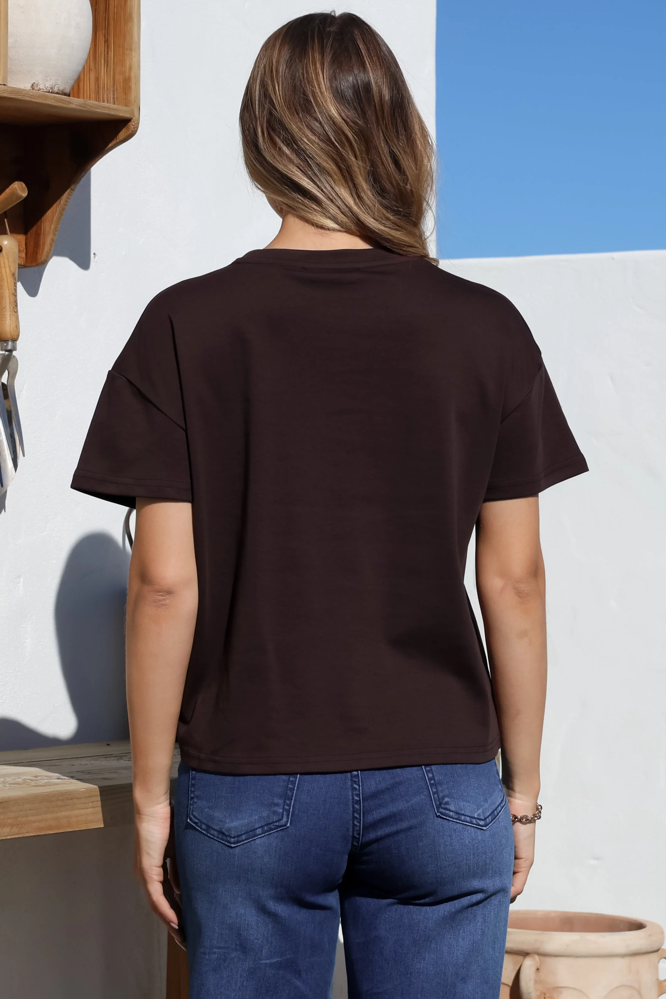 Tuck T-Shirt - Round Neckline Cotton Tee with Gathered Front Detail in Chocolate - Image 11