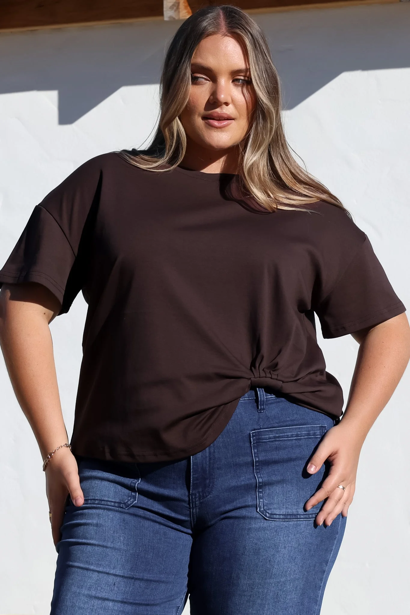 Tuck T-Shirt - Round Neckline Cotton Tee with Gathered Front Detail in Chocolate - Image 4