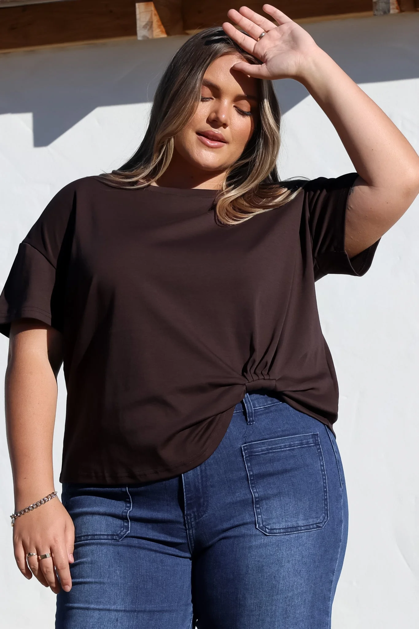 Tuck T-Shirt - Round Neckline Cotton Tee with Gathered Front Detail in Chocolate - Image 6