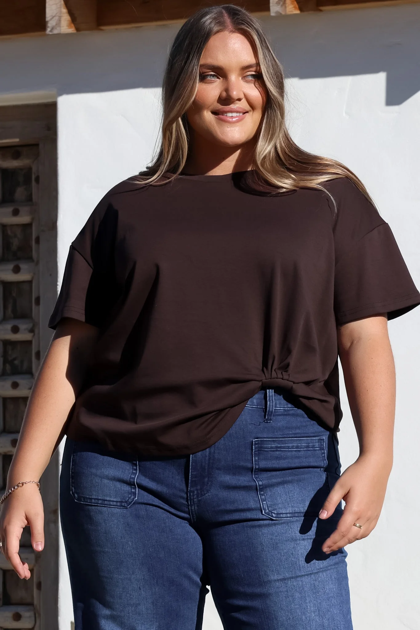Tuck T-Shirt - Round Neckline Cotton Tee with Gathered Front Detail in Chocolate - Image 8