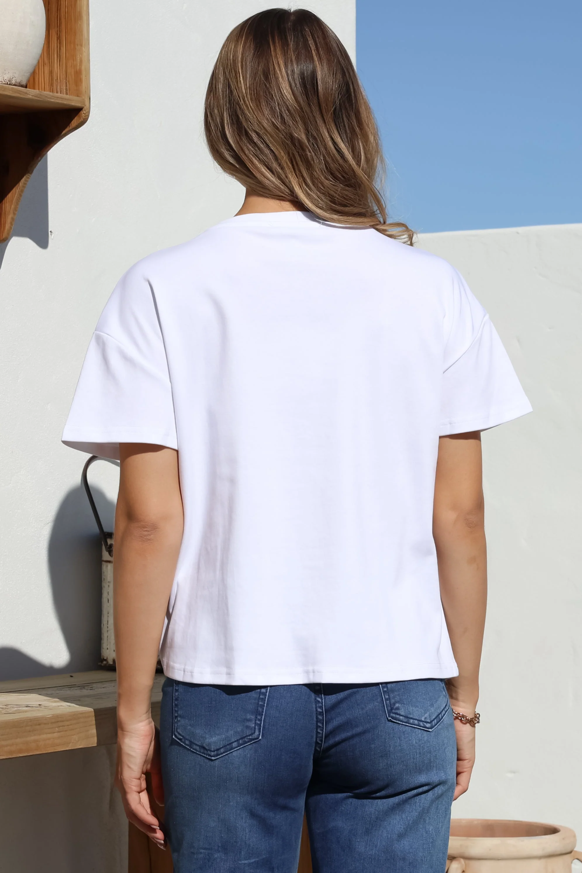 Tuck T-Shirt - Round Neckline Cotton Tee with Gathered Front Detail in White - Image 10
