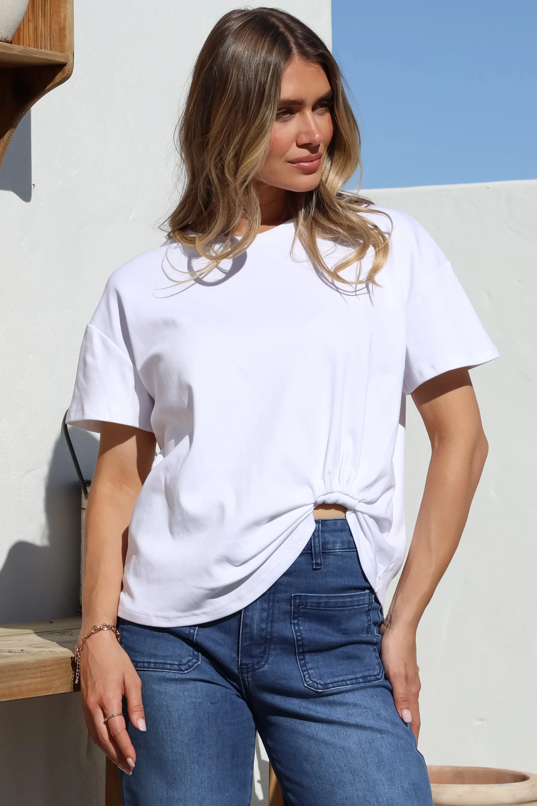 Tuck T-Shirt - Round Neckline Cotton Tee with Gathered Front Detail in White - Image 5