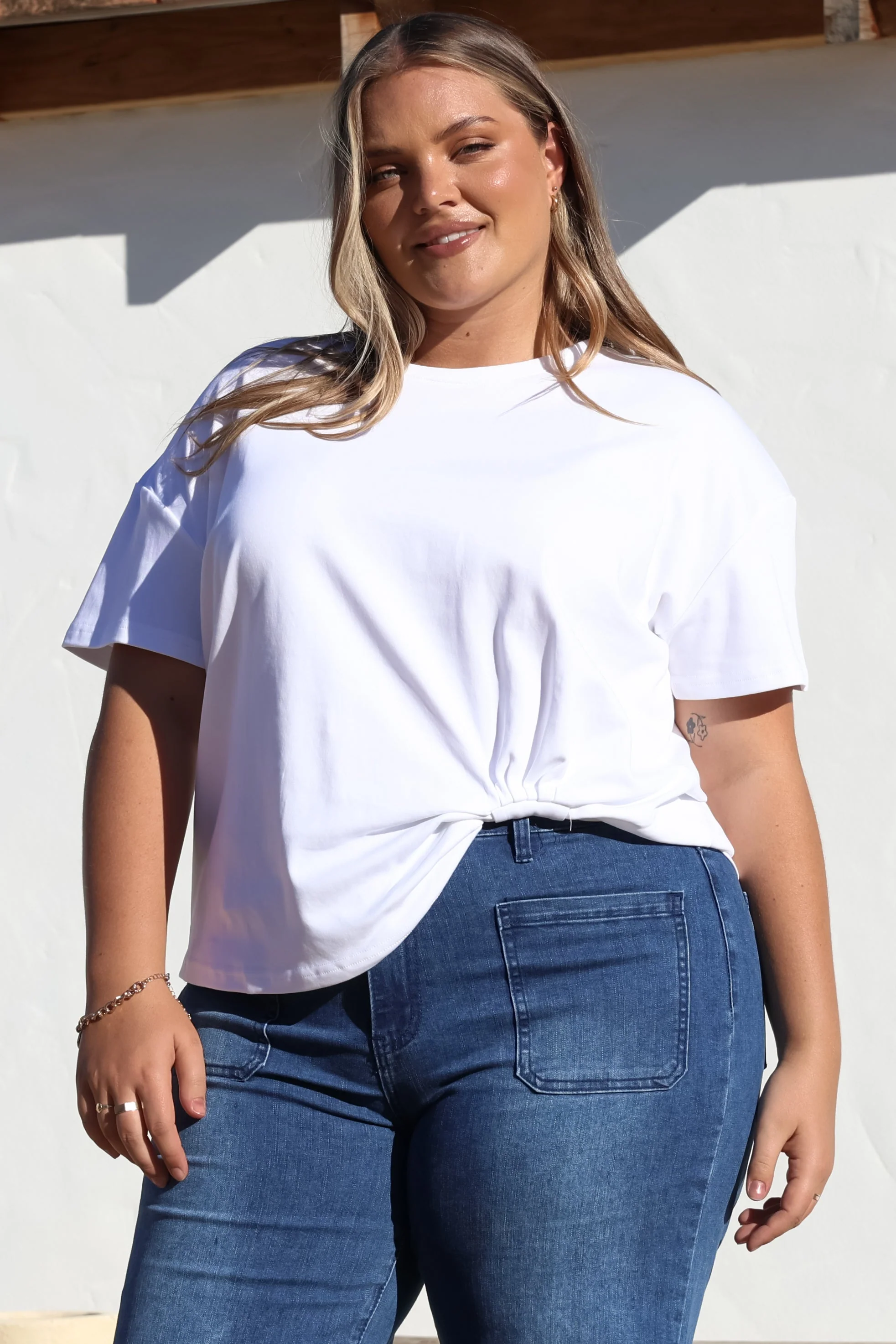 Tuck T-Shirt - Round Neckline Cotton Tee with Gathered Front Detail in White - Image 7