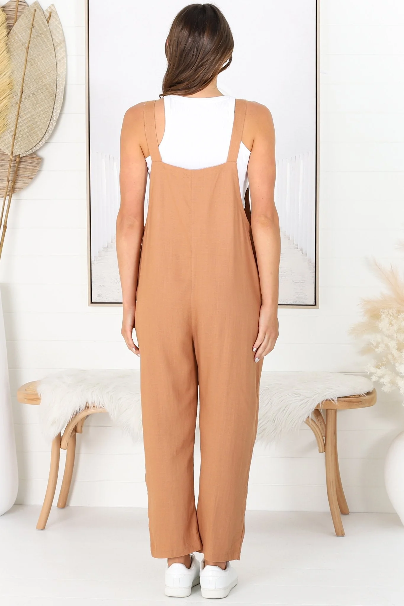 Tulum Jumpsuit - Linen Blend Overalls Pockets in Tan - Image 13