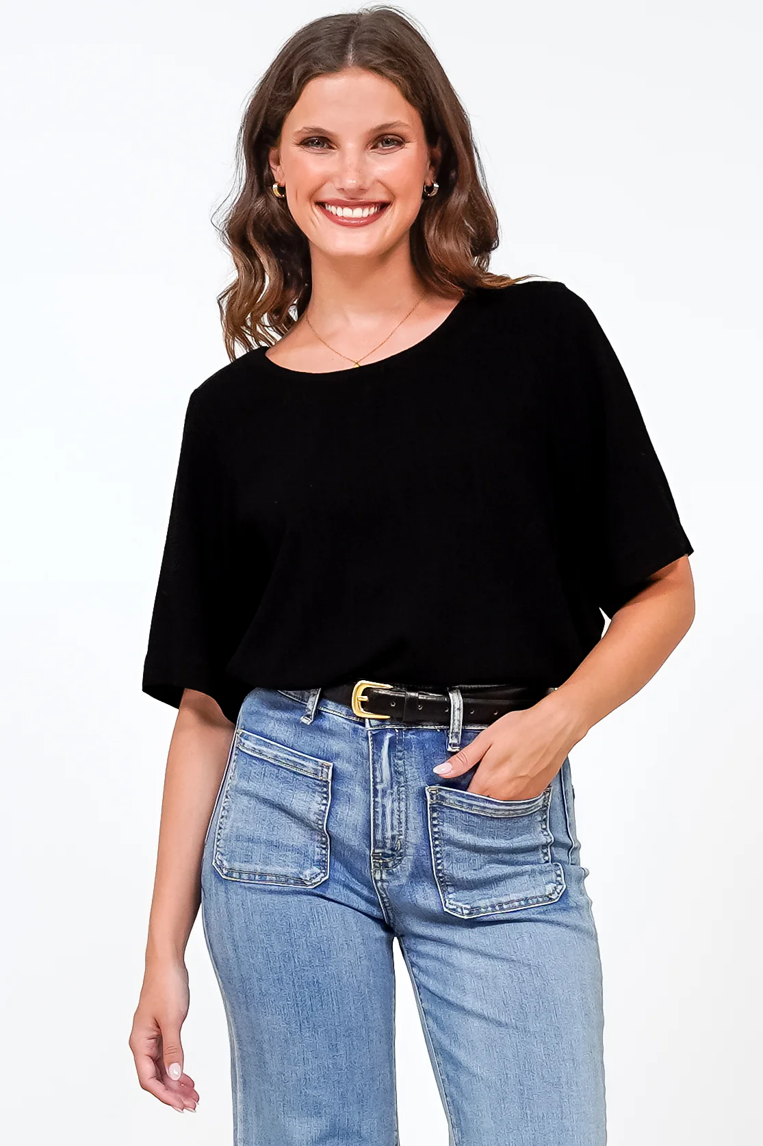 Tustin Top - Round Neck Boxy High Low Top with Short Sleeves in Black - Image 2