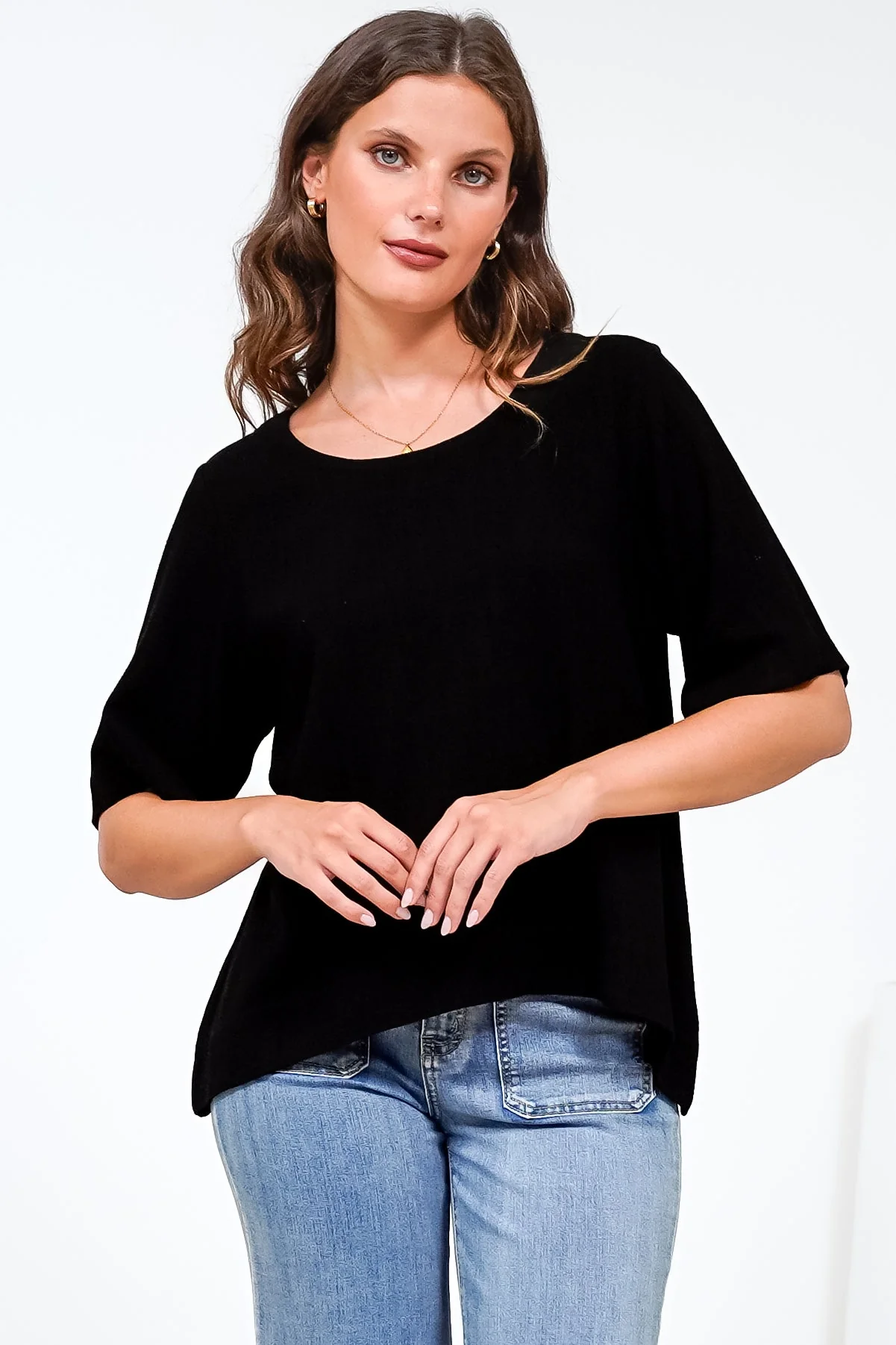 Tustin Top - Round Neck Boxy High Low Top with Short Sleeves in Black - Image 3