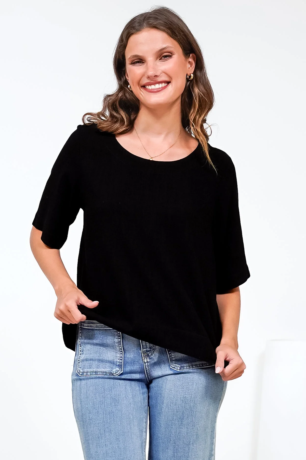 Tustin Top - Round Neck Boxy High Low Top with Short Sleeves in Black - Image 4
