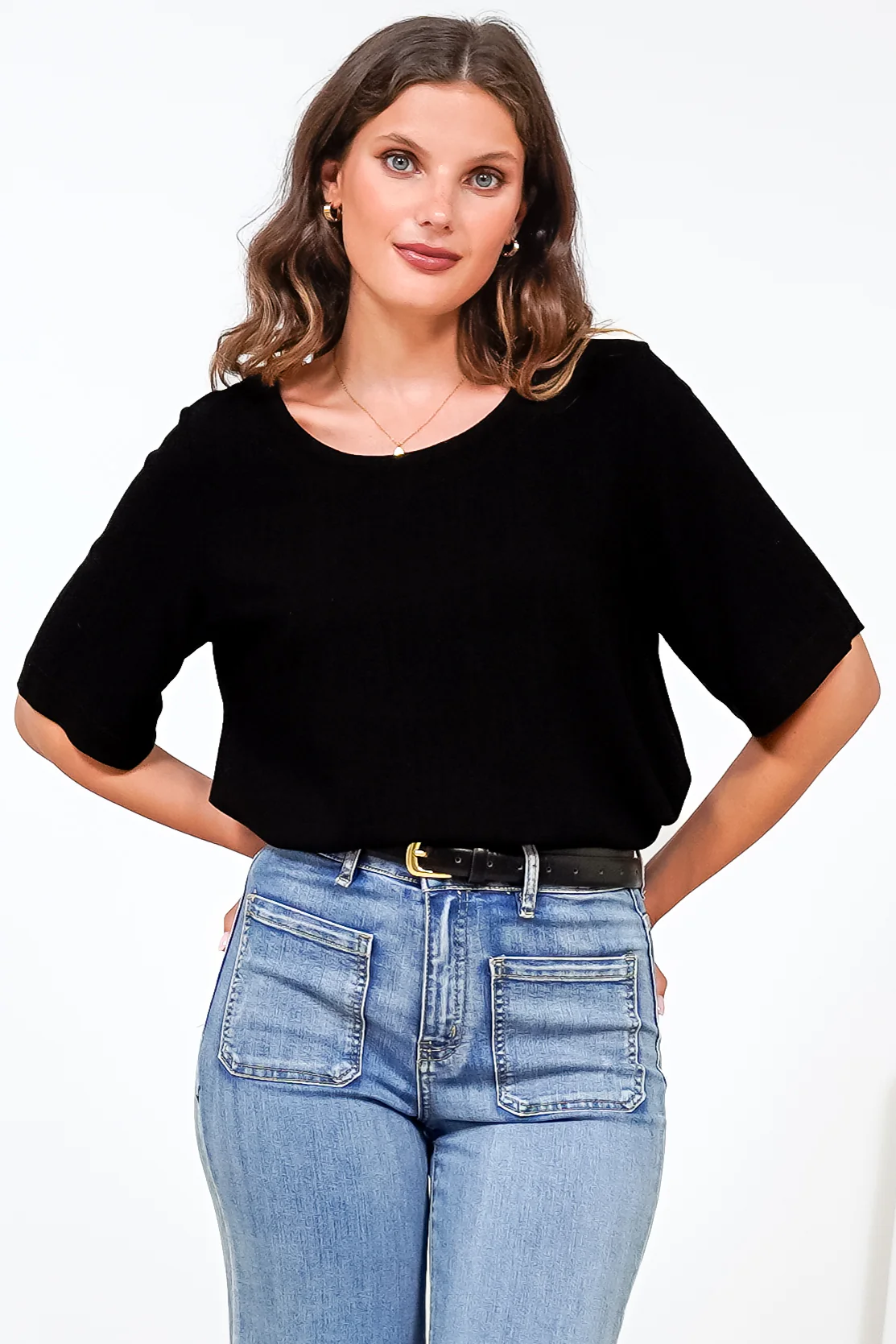 Tustin Top - Round Neck Boxy High Low Top with Short Sleeves in Black - Image 5