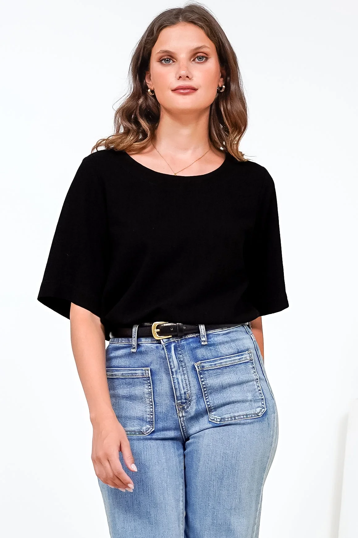 Tustin Top - Round Neck Boxy High Low Top with Short Sleeves in Black - Image 6