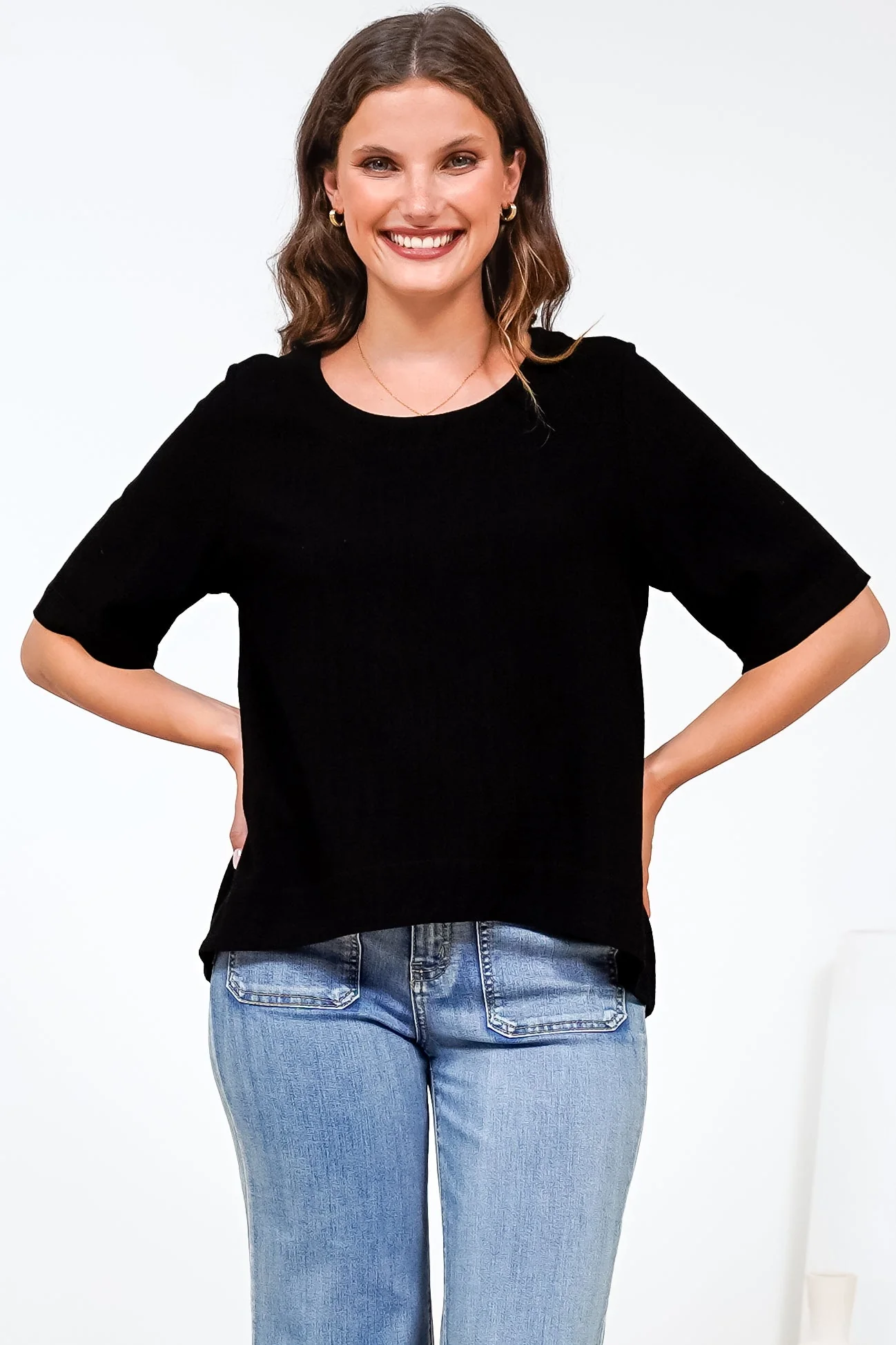 Tustin Top - Round Neck Boxy High Low Top with Short Sleeves in Black - Image 7