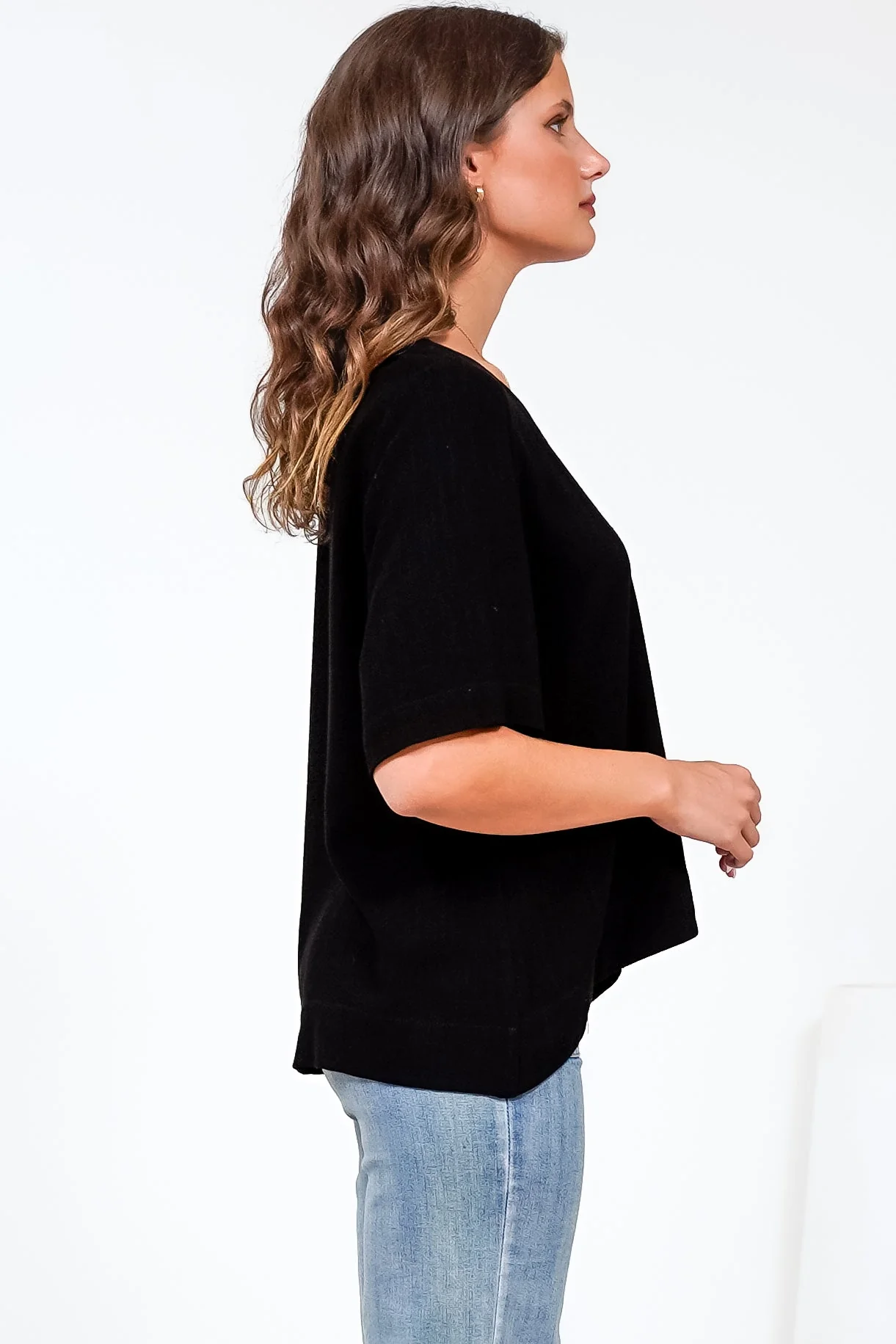 Tustin Top - Round Neck Boxy High Low Top with Short Sleeves in Black - Image 8